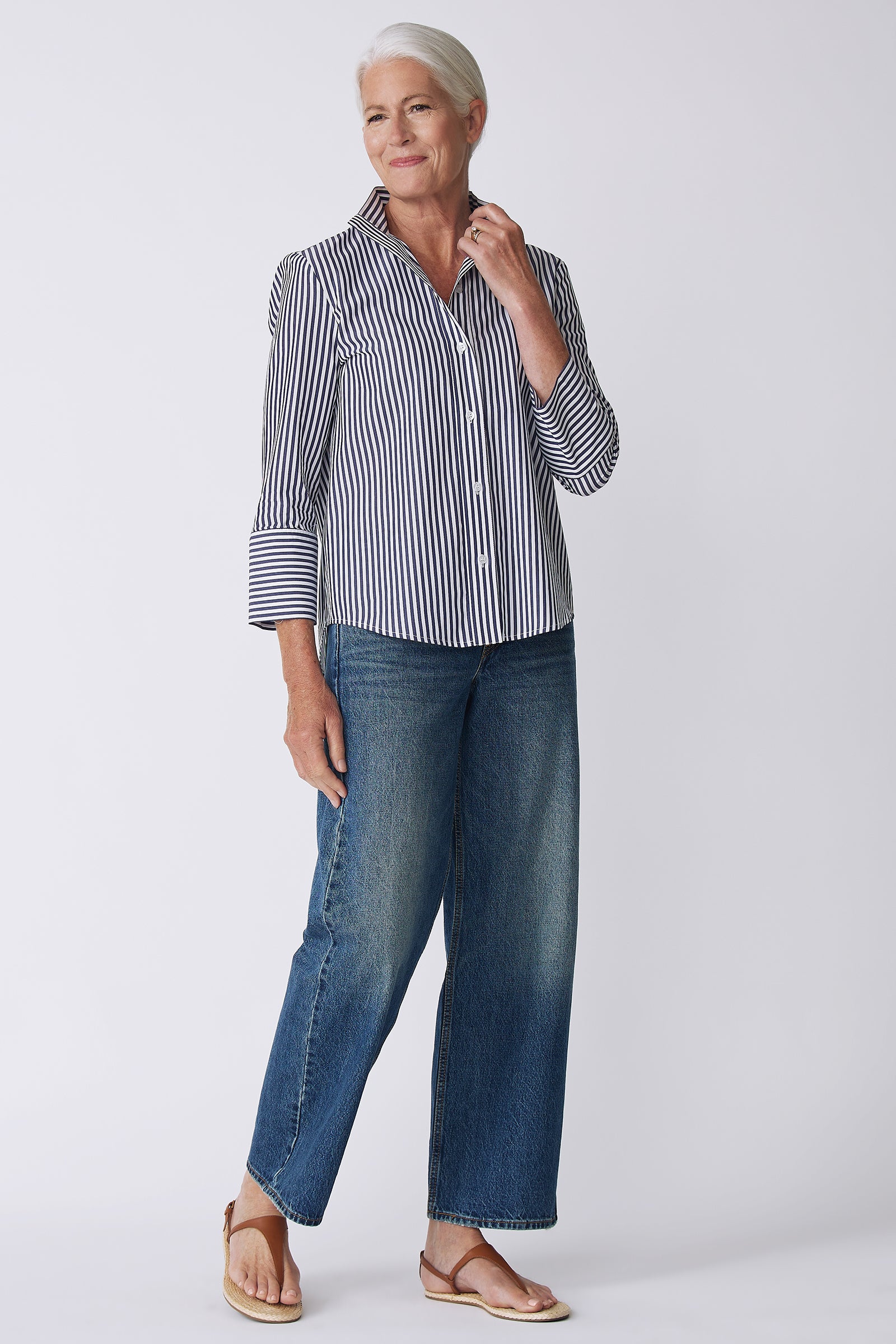 Kal Rieman Greta Placket Front Shirt in Indigo Stripe on Model Side View full with hand on collar