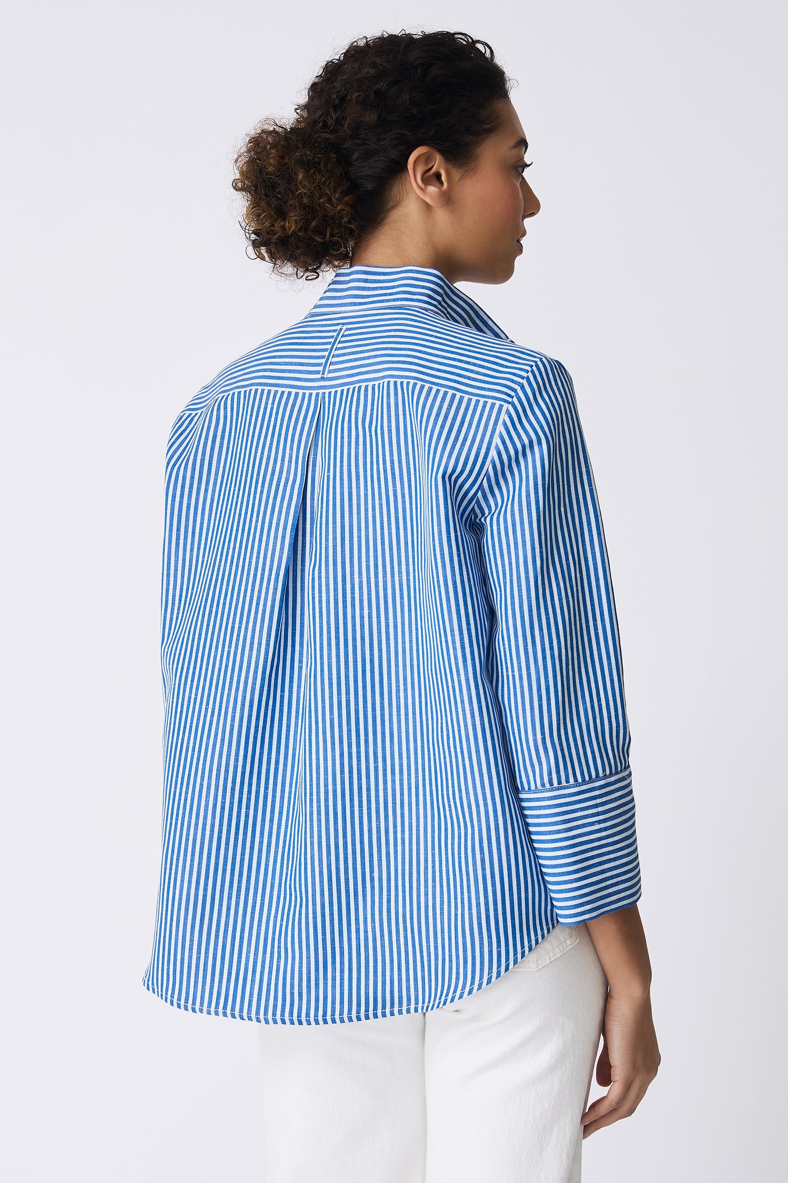 Kal Rieman Greta Placket Front Shirt in Cabana Stripe Blue on model back view