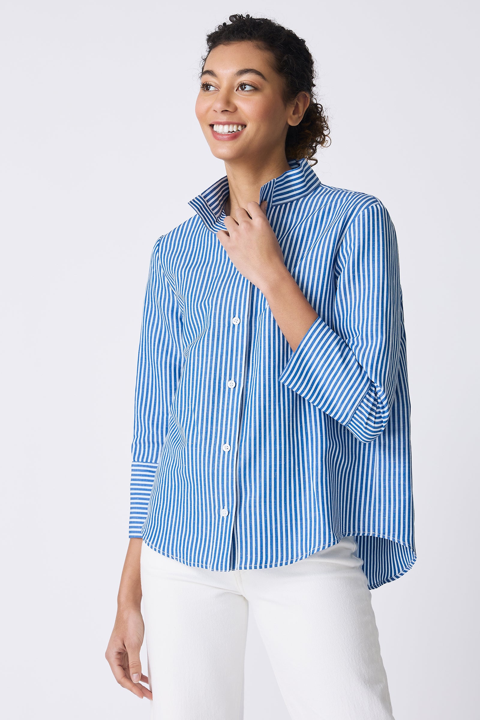 Kal Rieman Greta Placket Front Shirt in Cabana Stripe Blue on model smiling front view