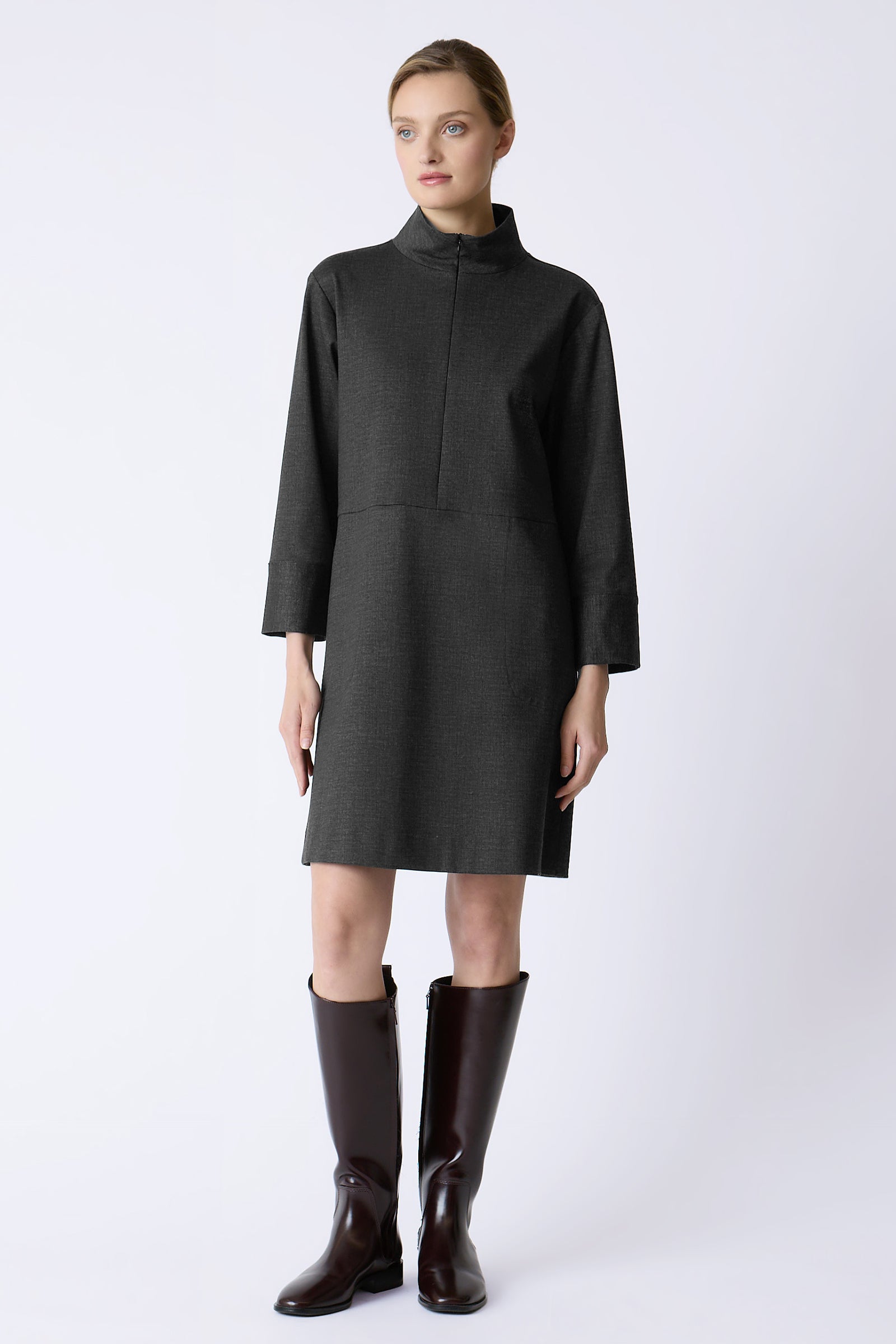 Kal Rieman Harper Dress in Charcoal on young model full front view