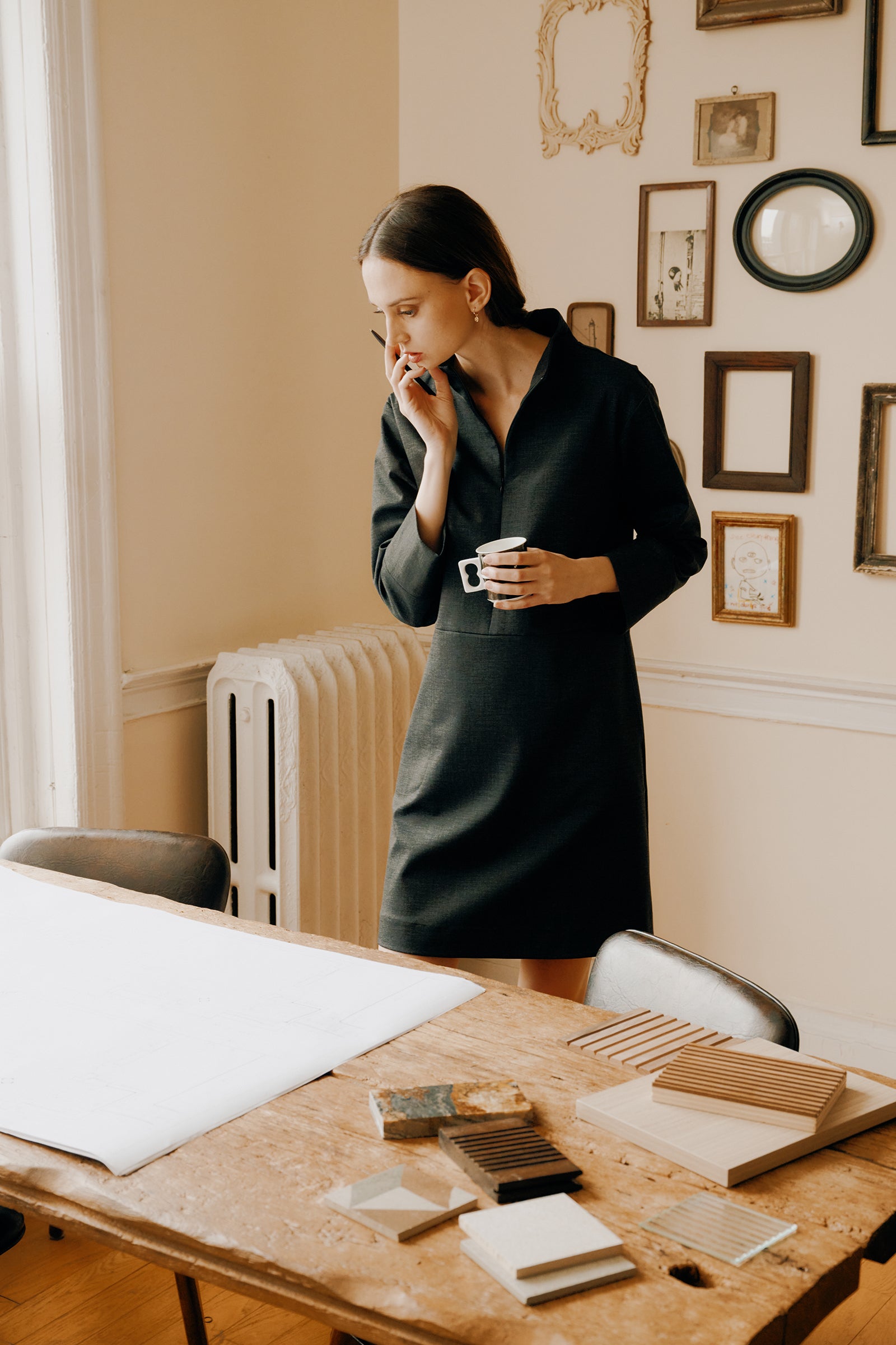 Kal Rieman Harper Dress in charcoal ponte on model front view hand in pocket