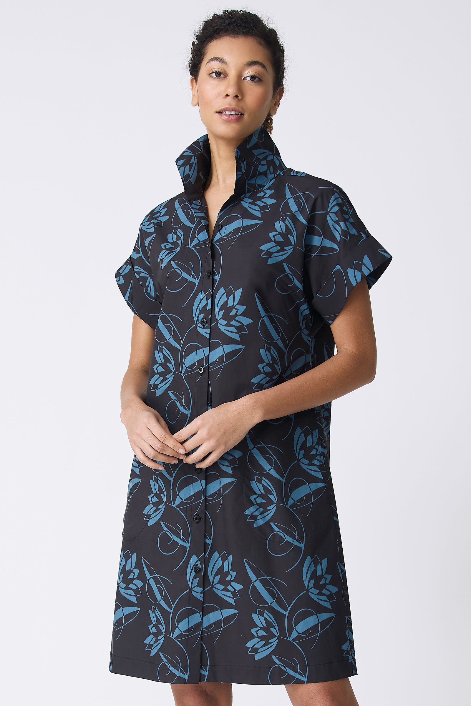 Kal Rieman Holly Kimono Dress in Lotus Print on model with hands in front of body front view
