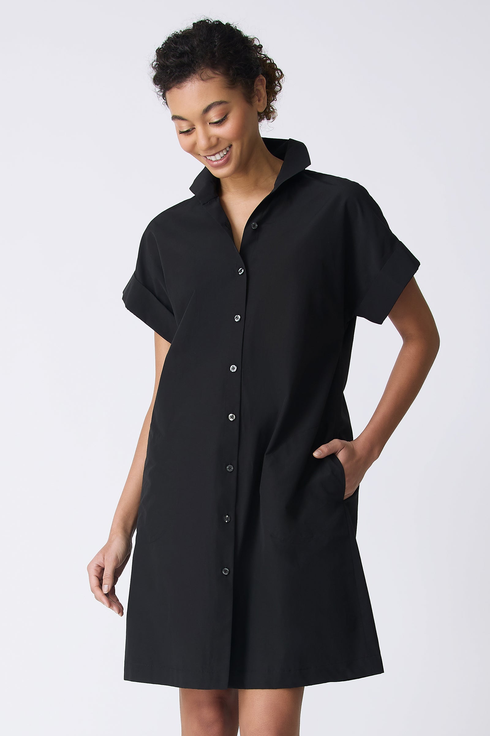 Kal Rieman Holly Kimono Dress in Black on model looking down front view