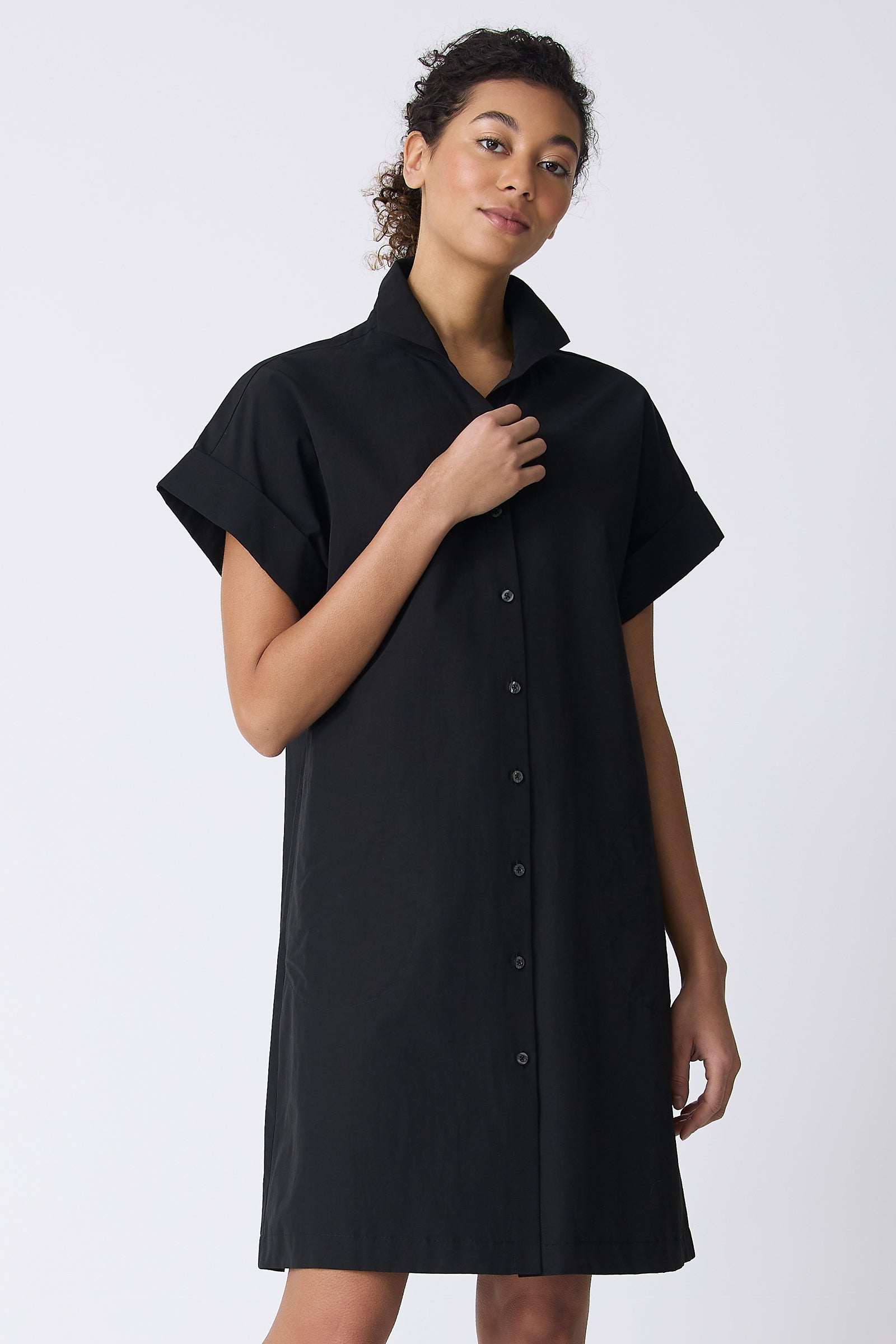 Kal Rieman Holly Kimono Dress in Black on model touching shirt front view