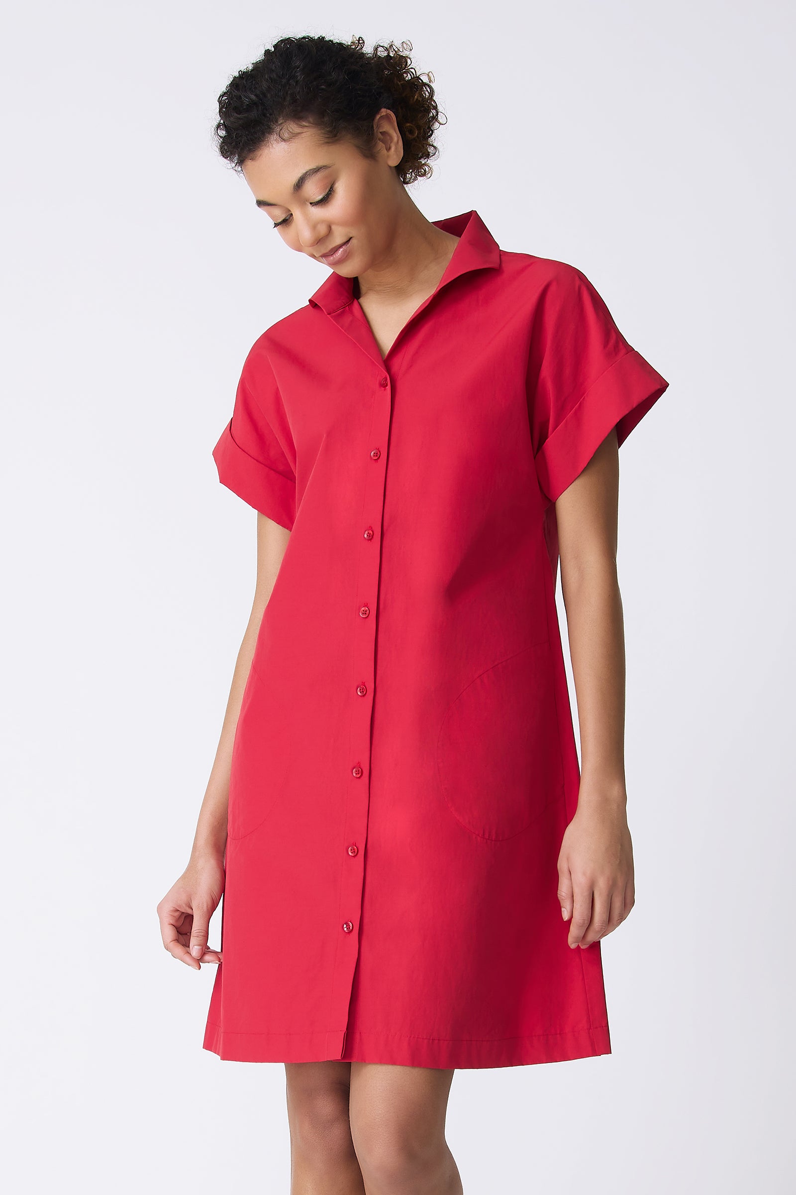 Kal Rieman Holly Kimono Dress in Red on model looking down front view