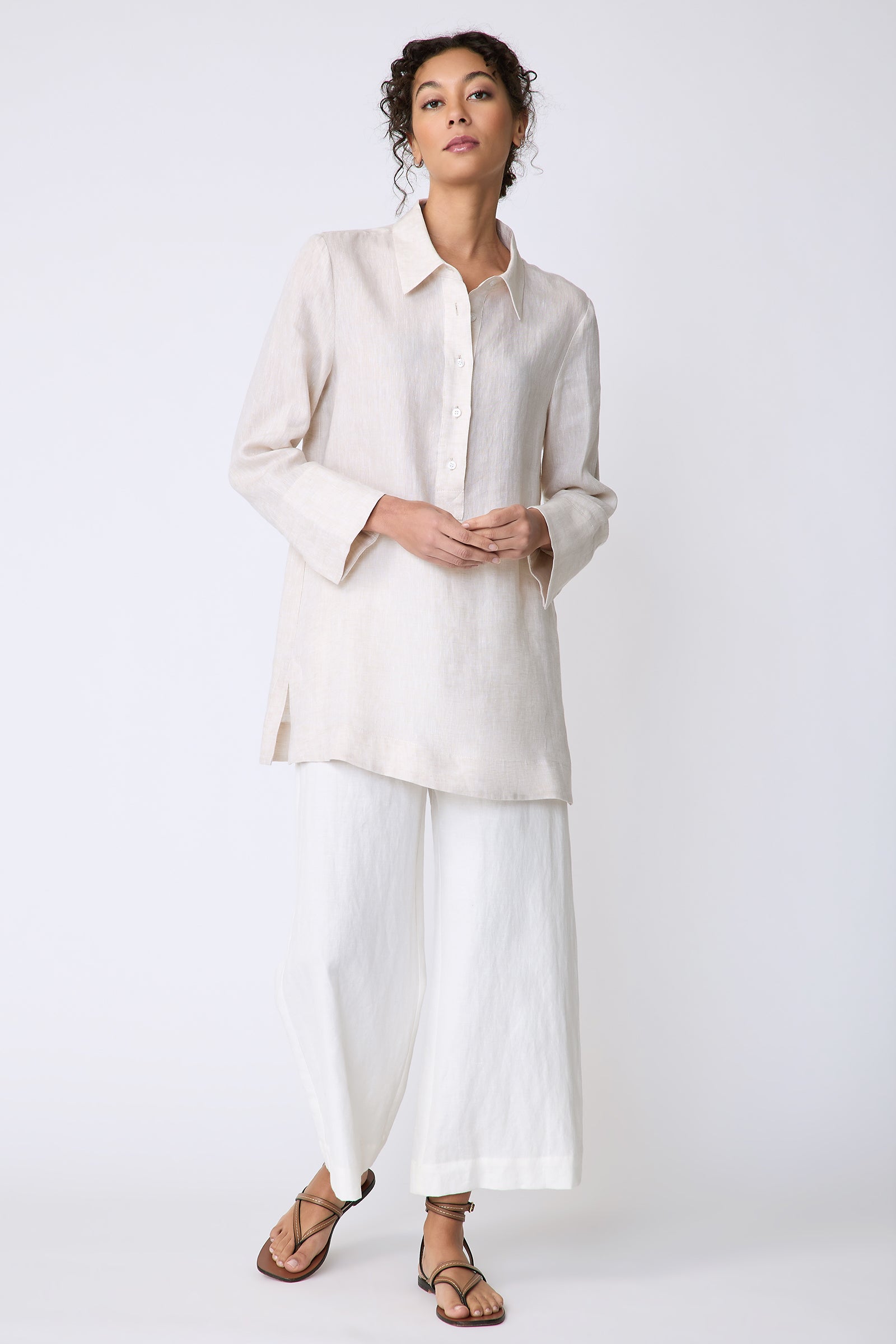 Kal Rieman Inez Placket Tunic in linen color sand on front view full length hands in front