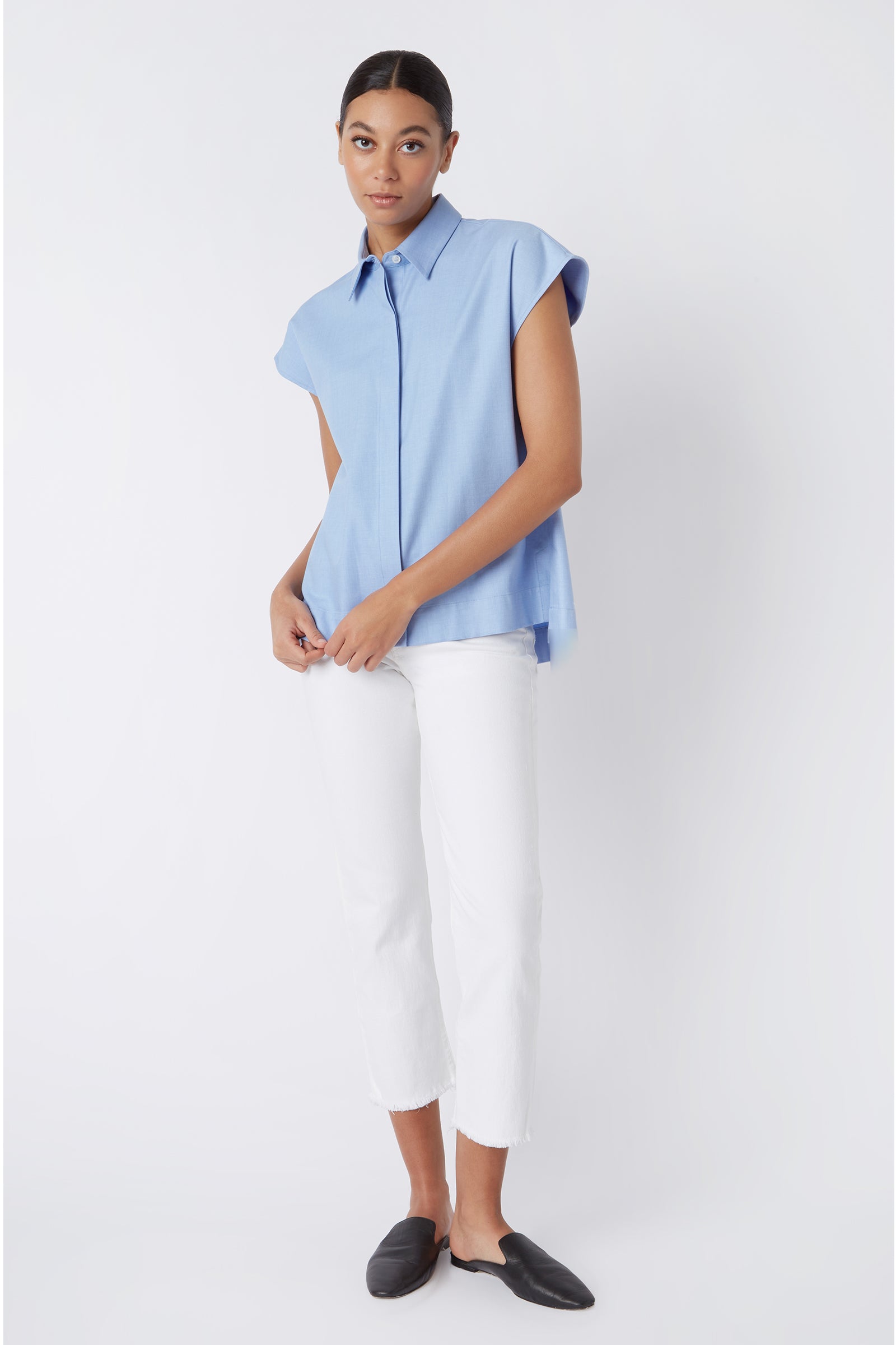 Kal Rieman Jane Cap Sleeve Shirt in Blue on Model Main Full Front View