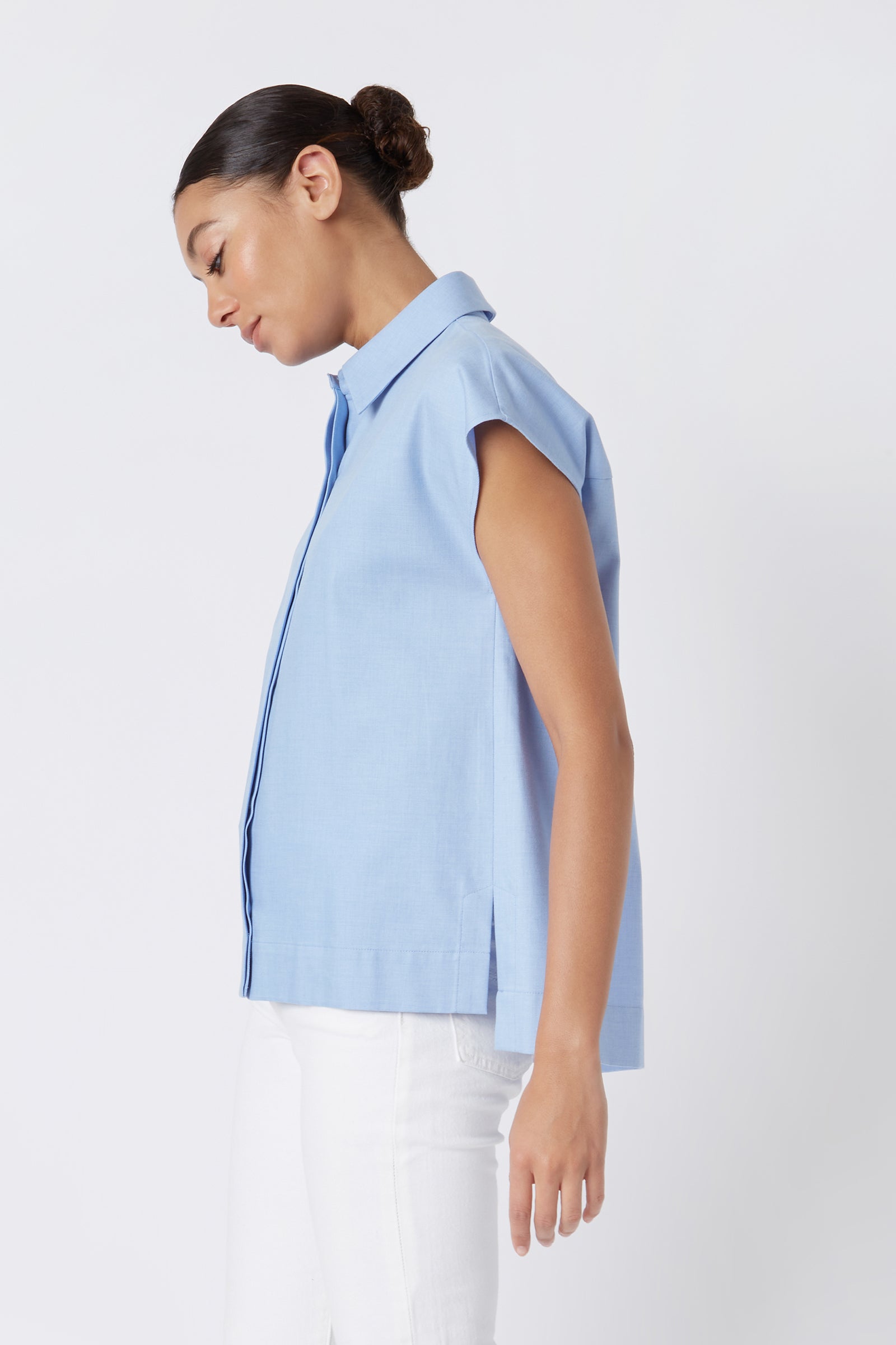 Kal Rieman Jane Cap Sleeve Shirt in Blue on Model Cropped Side View