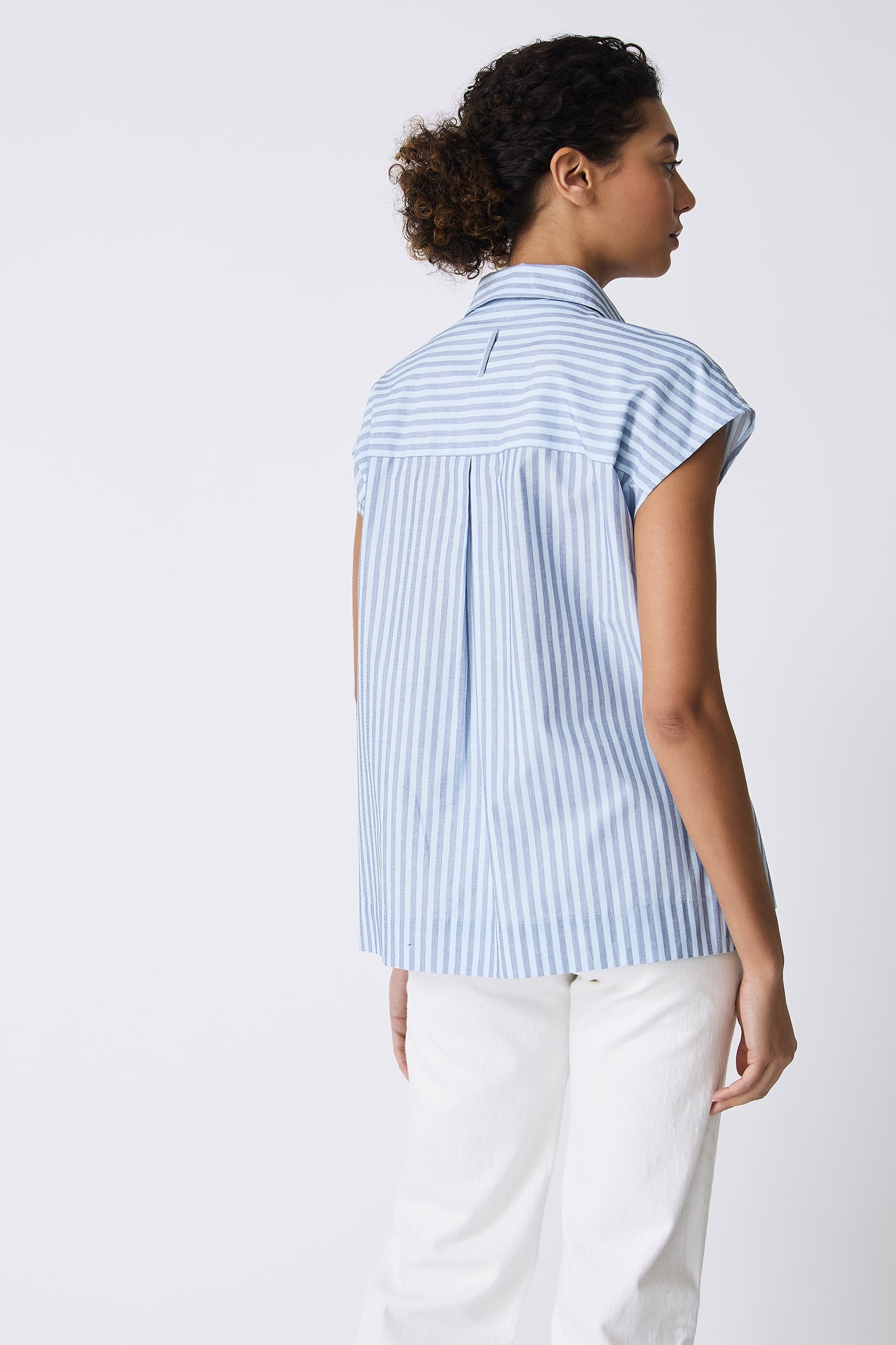 Kal Rieman Jane Cap Sleeve Shirt in Cabana Stripe Blue on model full front view