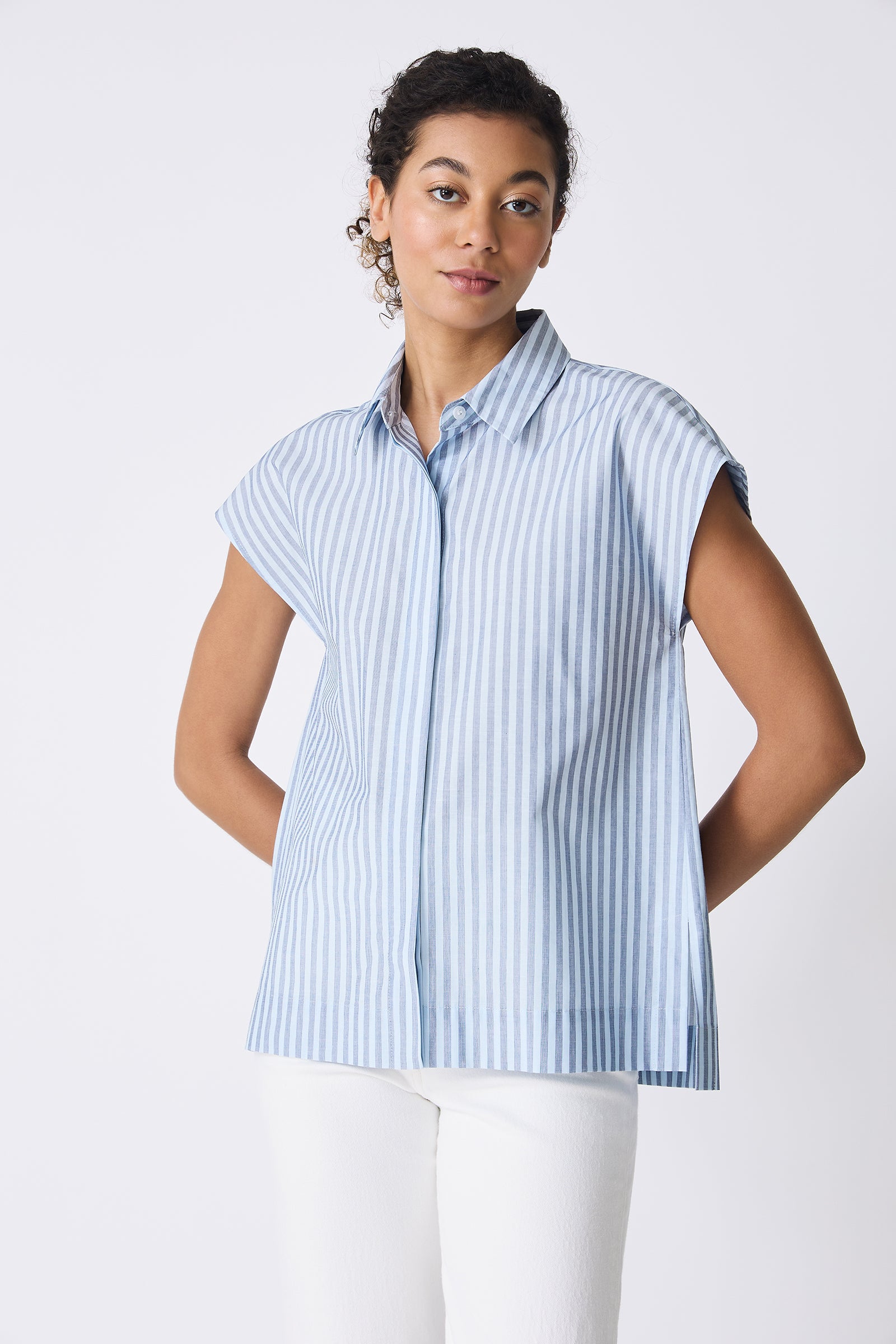 Kal Rieman Jane Cap Sleeve Shirt in Cabana Stripe Blue on model front view