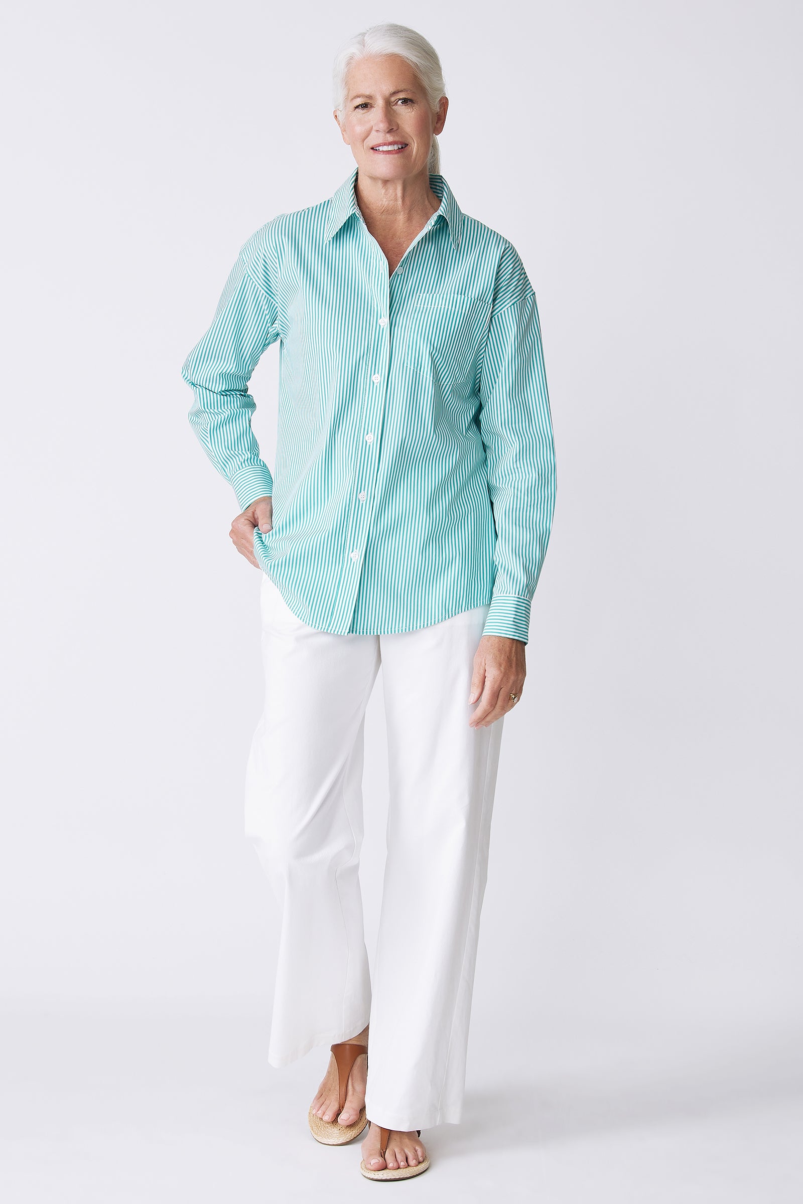 Kal Rieman Joni Boyfriend Shirt in Miami Stripe Green on model with right hand on hip front view