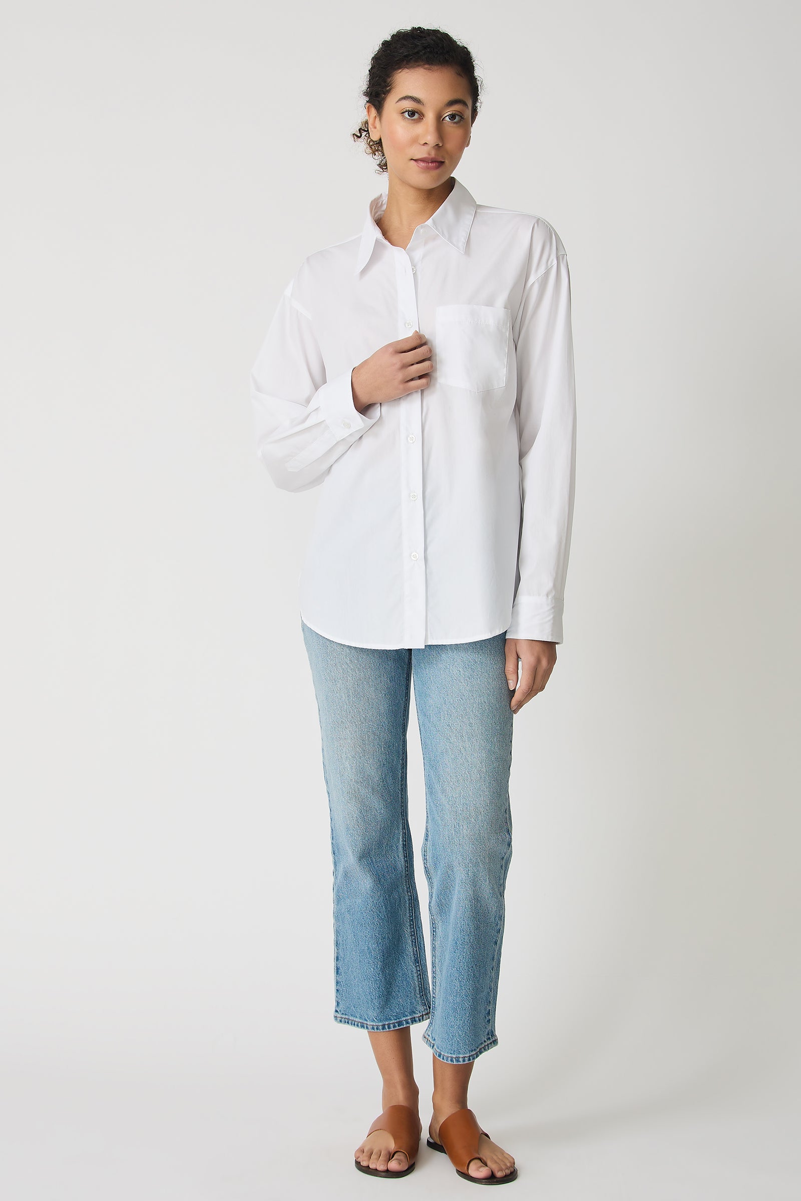 Kal Rieman Joni Boyfriend Shirt in White Poplin on model full front view