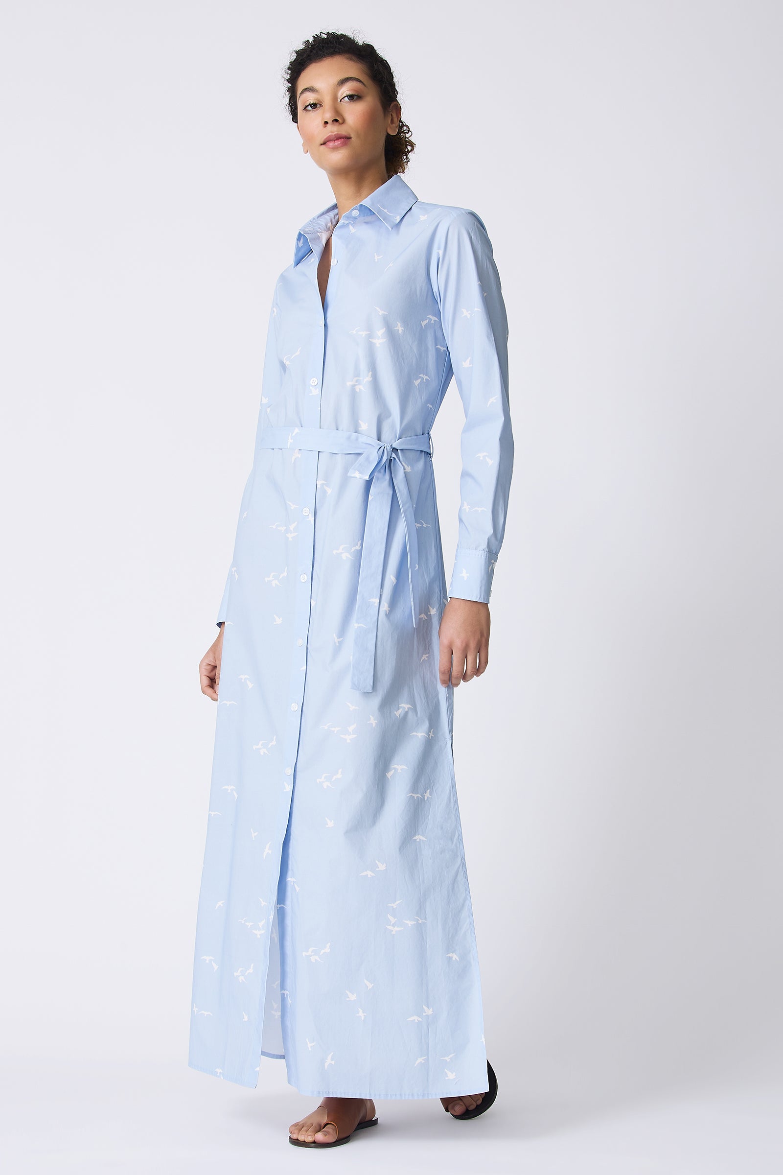 Kal Rieman June Maxi Dress in Oxford Blue Bird Print on model full front view alternate