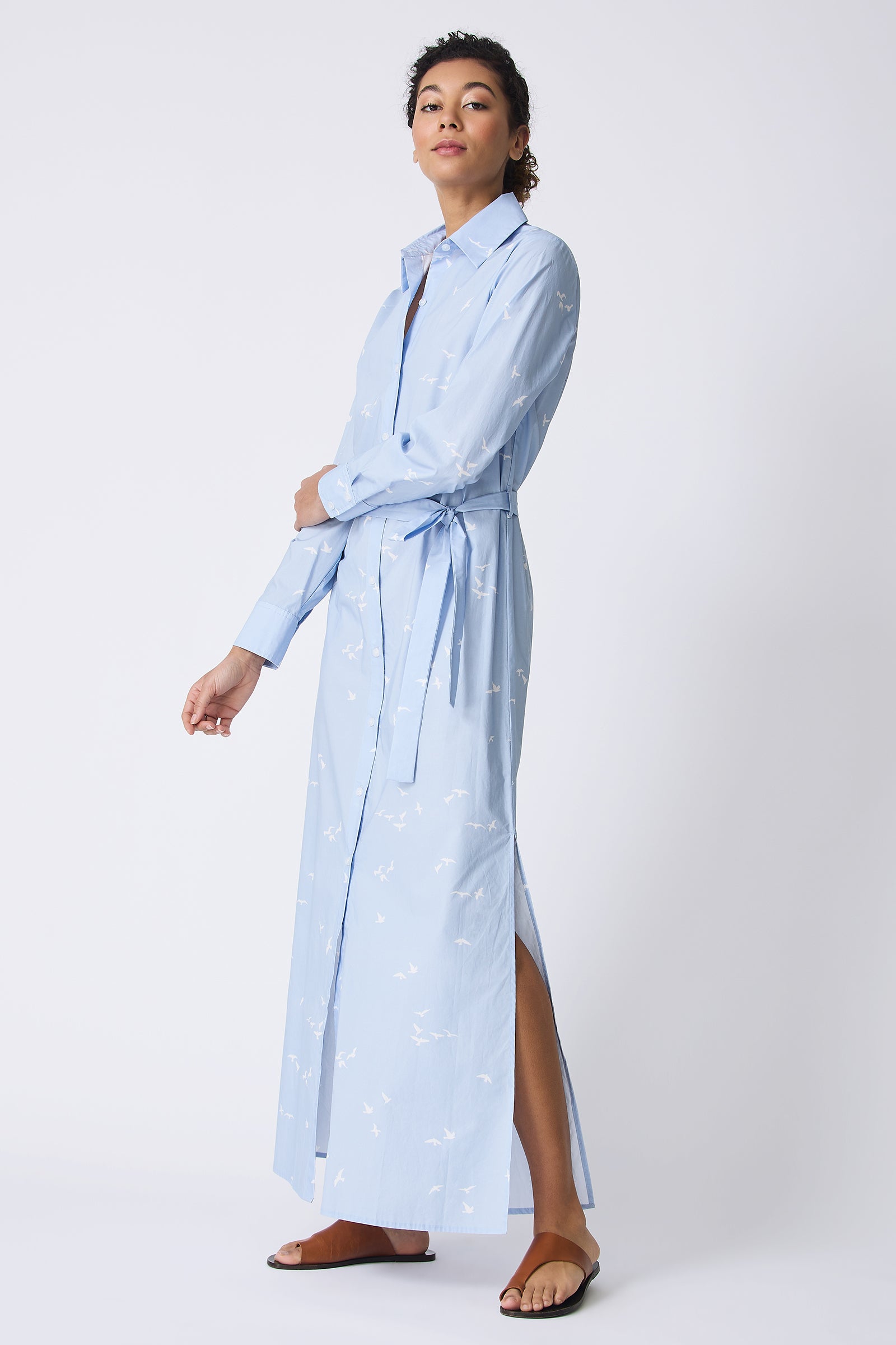 Kal Rieman June Maxi Dress in Oxford Blue Bird Print on model full side view