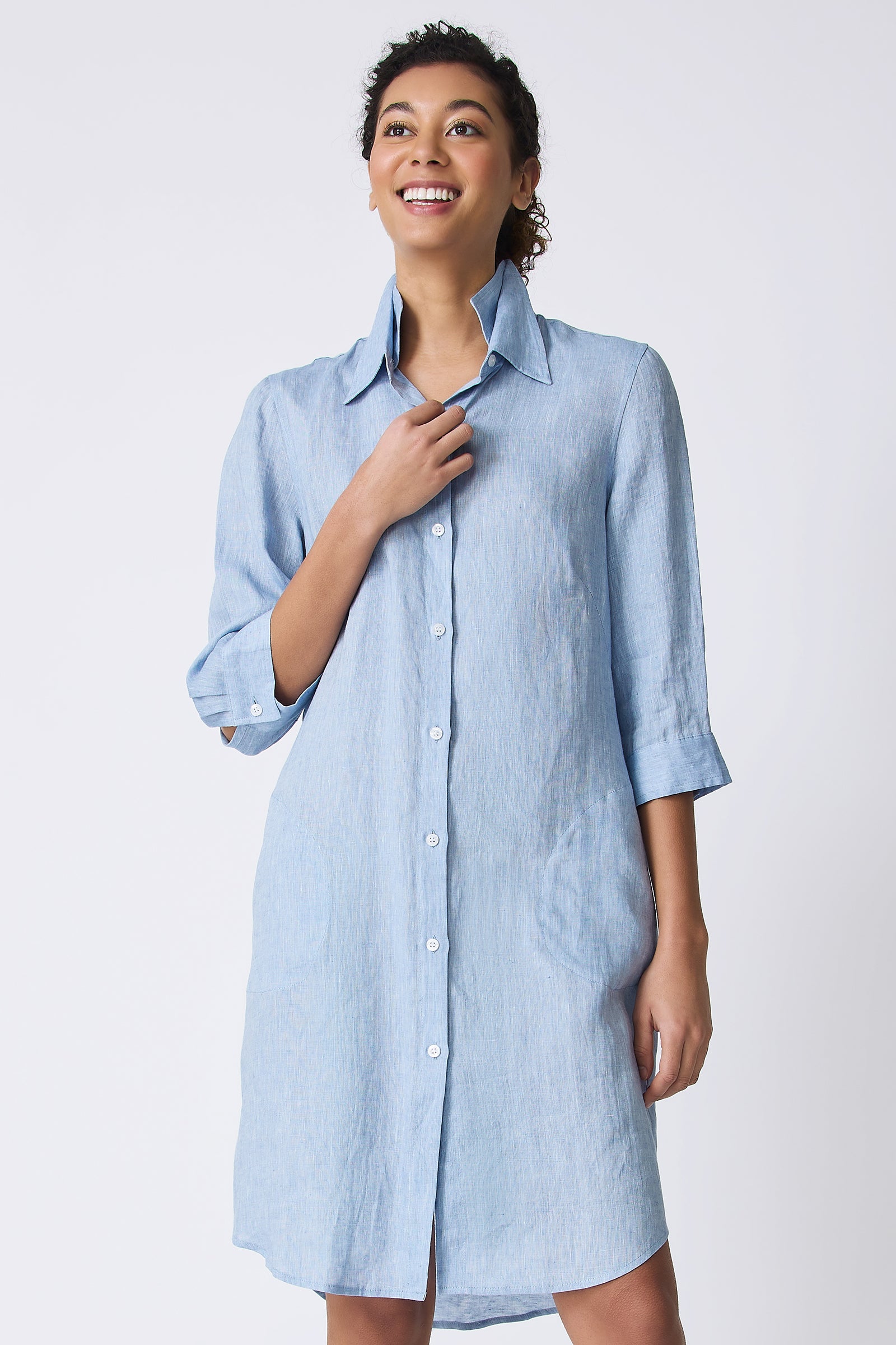 Kal Rieman Katie Shirt Dress in Sky Blue on model smiling front view