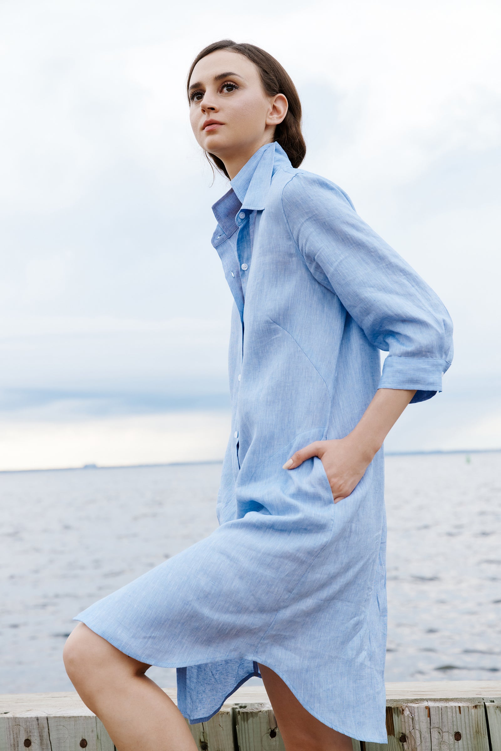 Kal Rieman Katie Shirt Dress in Sky Blue on model lookbook image