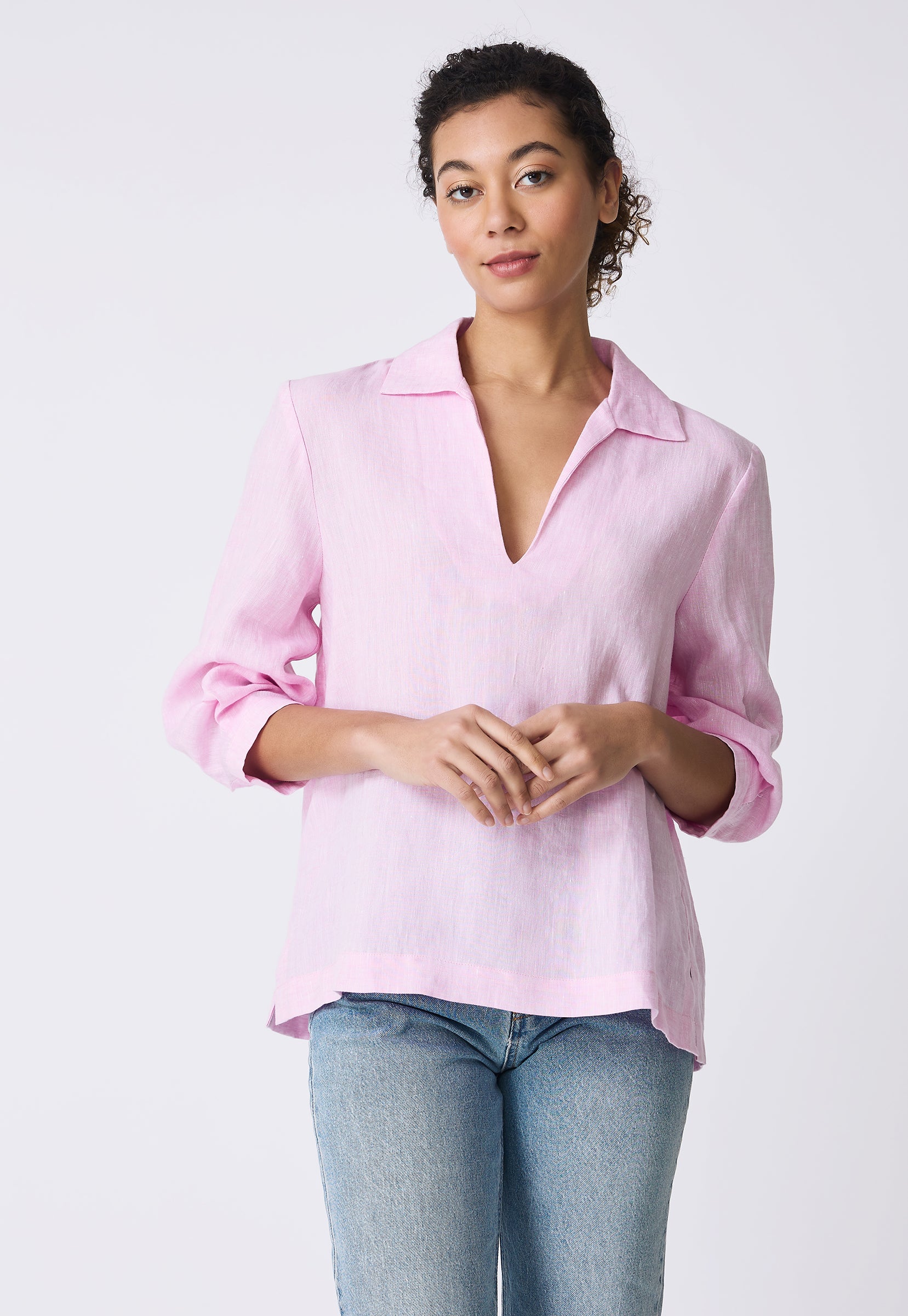 Kal Rieman Lea Collared V-Neck Top in Pink on model with hands in front of body front view