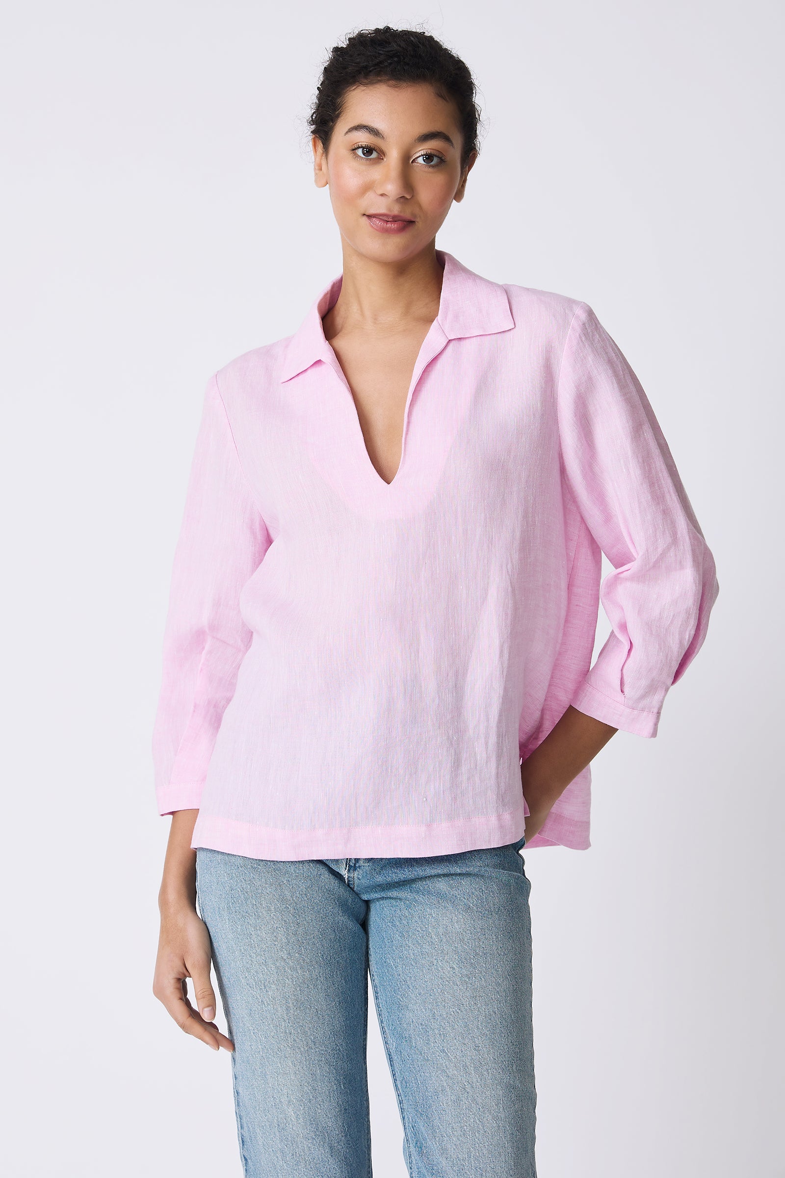 Kal Rieman Lea Collared V-Neck Top in Pink on model front view