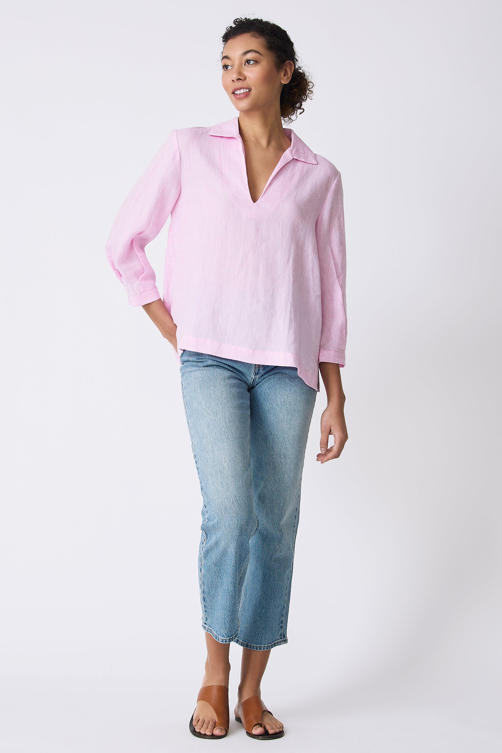 Kal Rieman Lea Collared V-Neck Top in Pink on model full front view