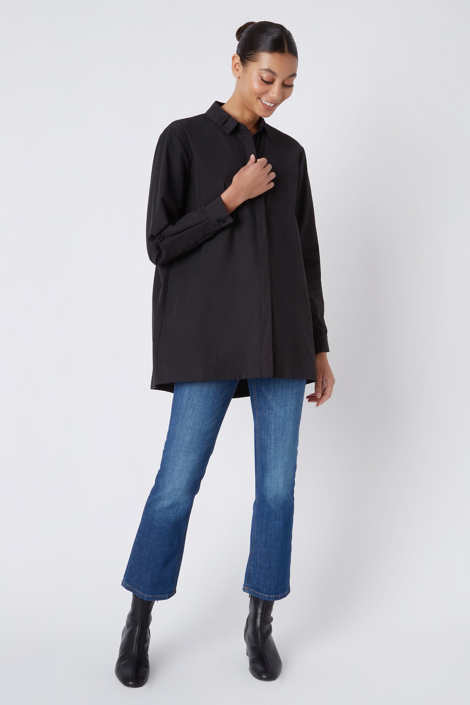 Kal Rieman Lori Tab Collar Tunic in Black on Model Full Front View