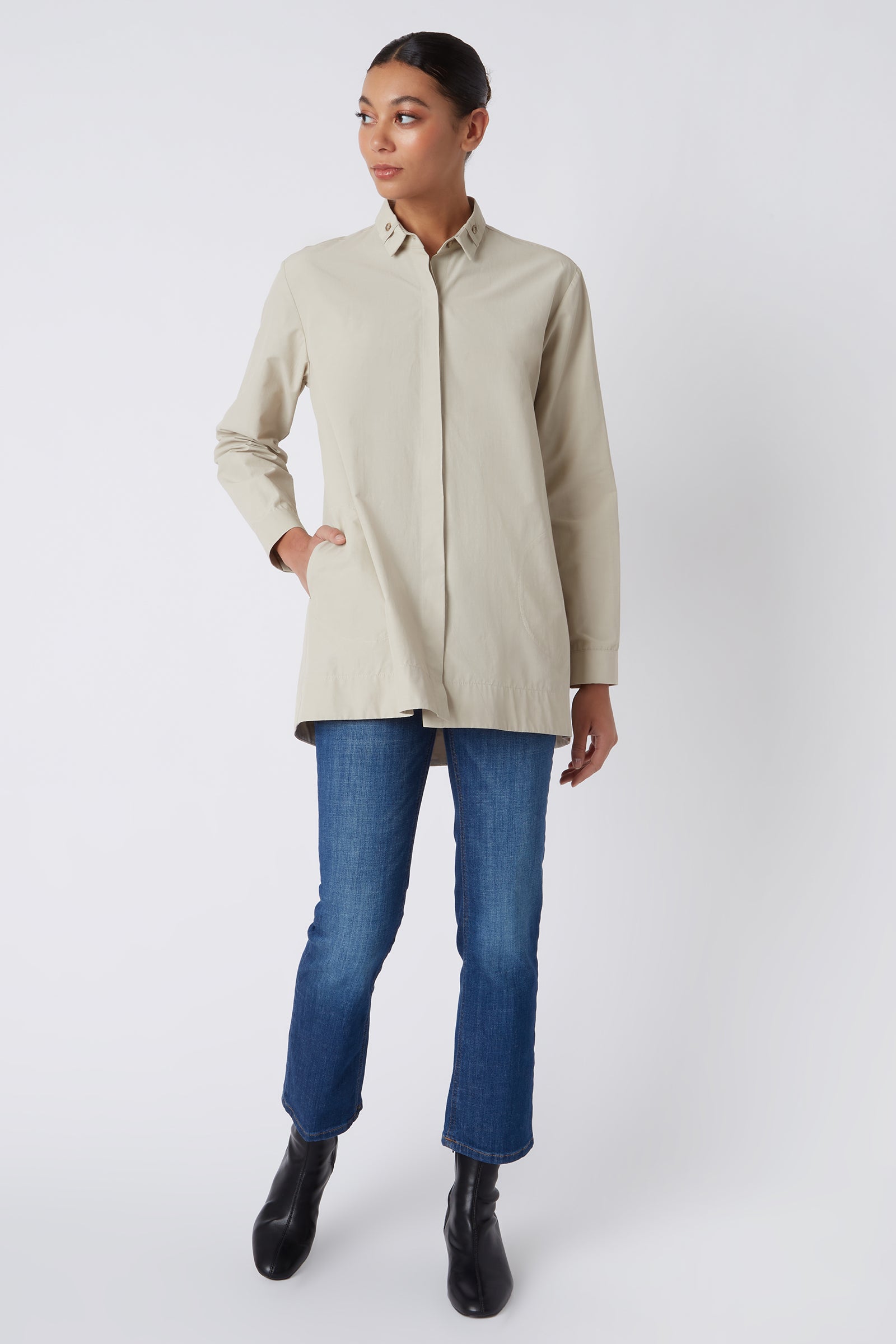 Kal Rieman Lori Tab Collar Tunic in Khaki on Model with Hand in Pocket Full Front View