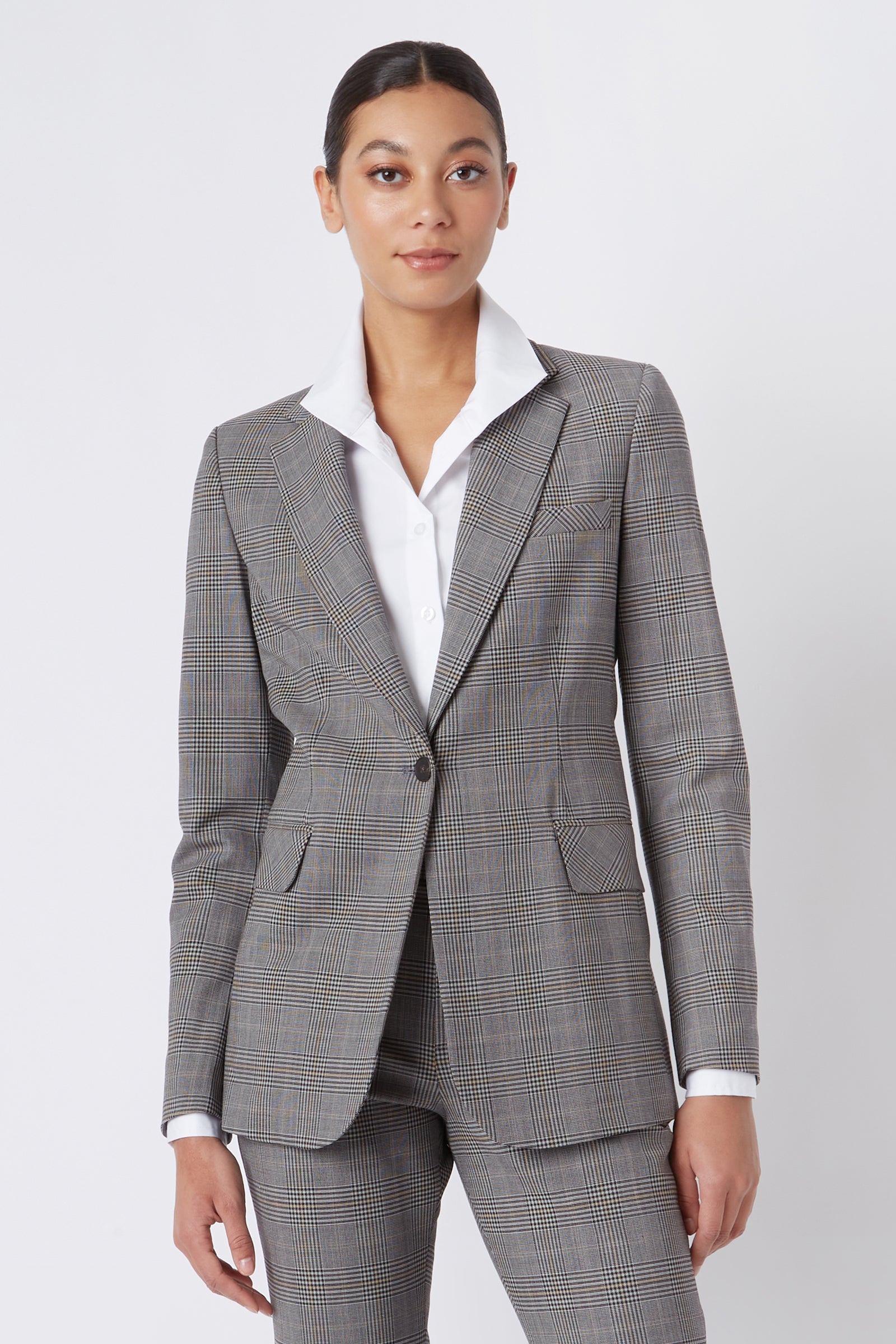 Kal Rieman Madeline Classic Notch Collar Blazer in Glen Plaid on Model Cropped Front View