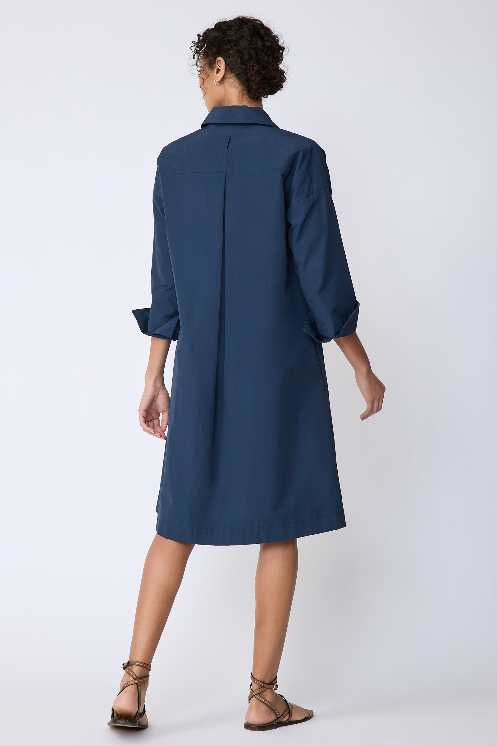 Kal Rieman Marion Shirt Dress in Italian broadcloth summer navy on model front view walking