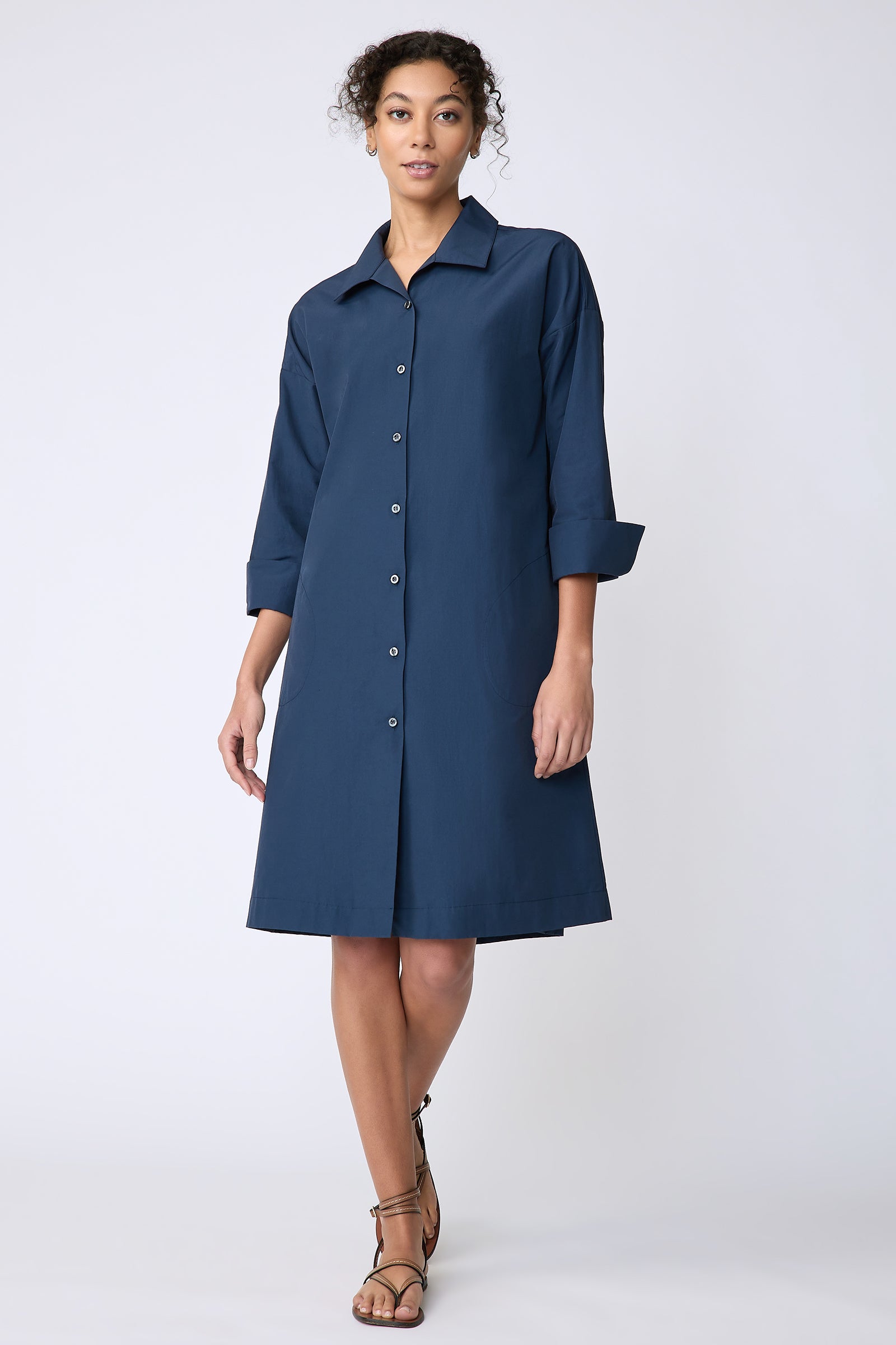 Kal Rieman Marion Shirt Dress in Italian broadcloth summer navy on model front view walking