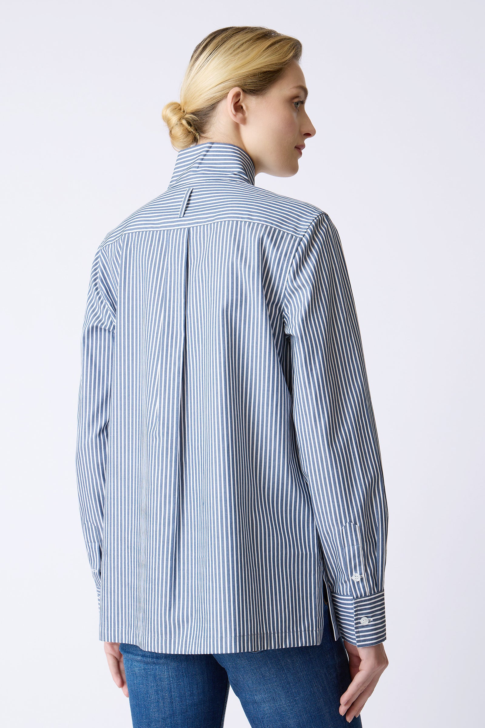 Kal Rieman Marlene Shirt in Wide Stripe on model with hand in pocket front view