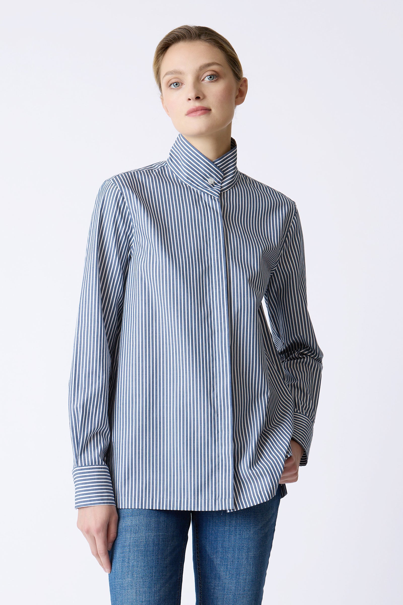 Kal Rieman Marlene Shirt in Wide Stripe on model with hand in pocket front view