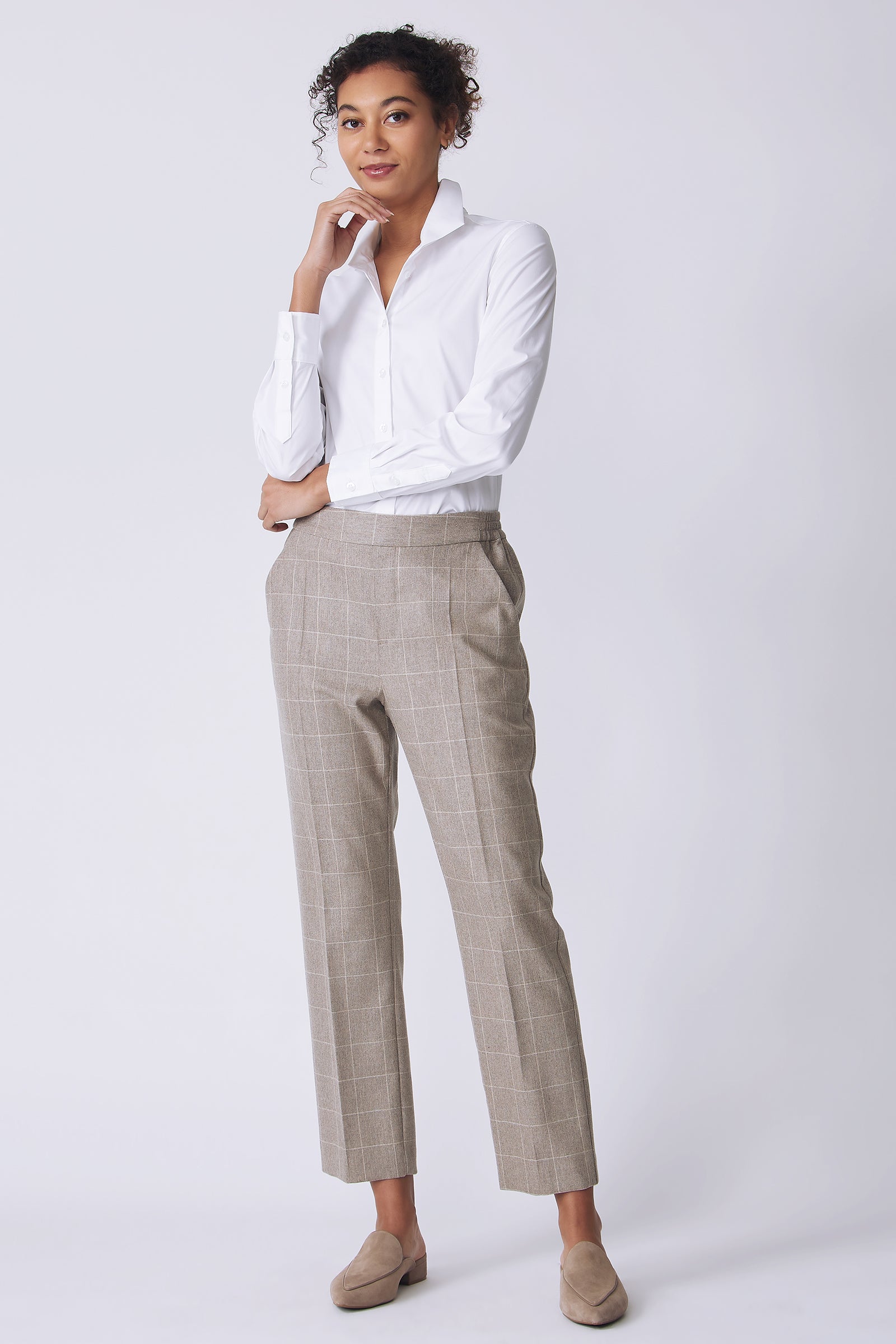 Kal Rieman Martine Trouser in Italian Windowpane on model front view arms crossed