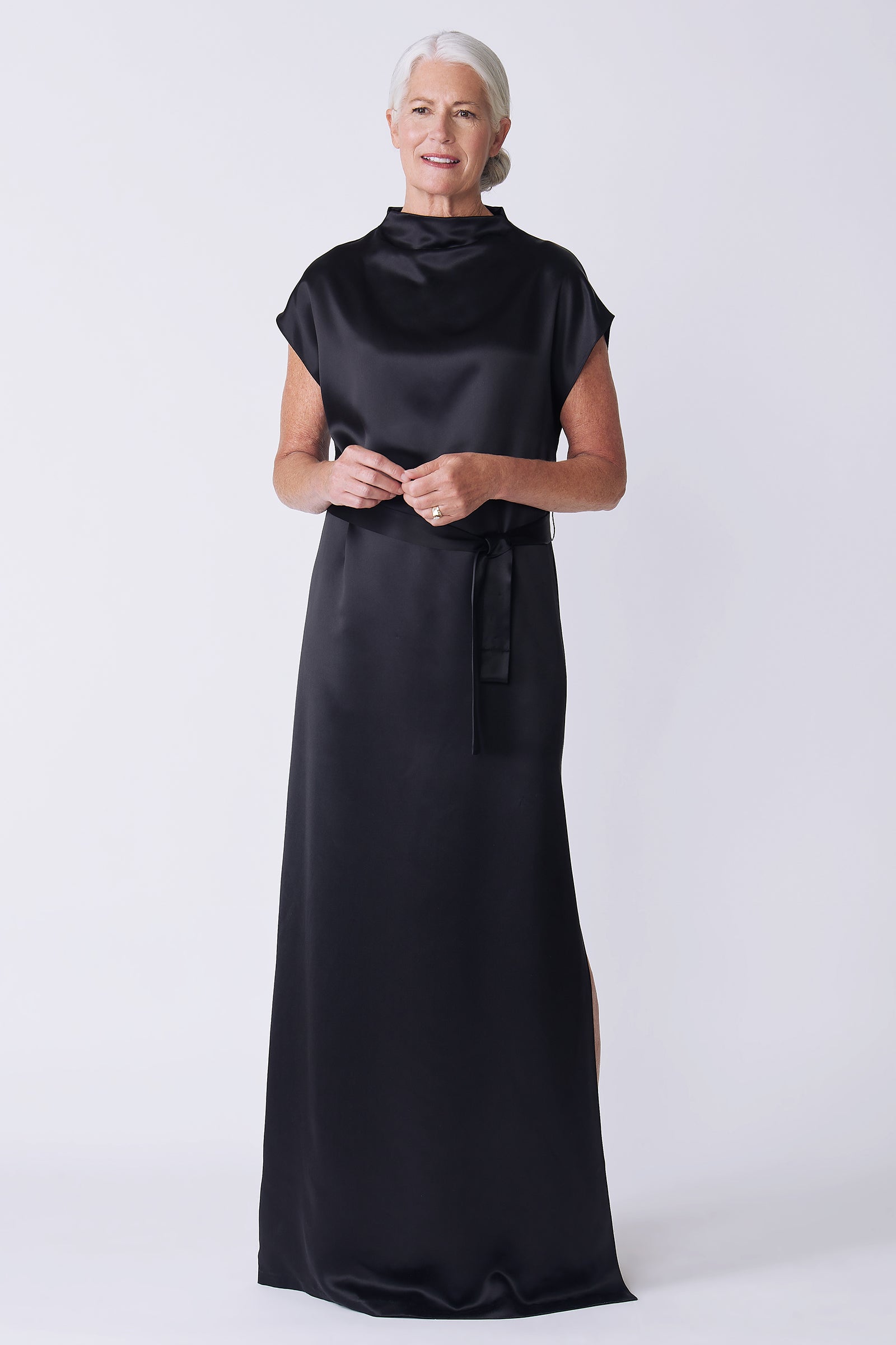 Kal Rieman Maya Gown in black on model front view hands in front