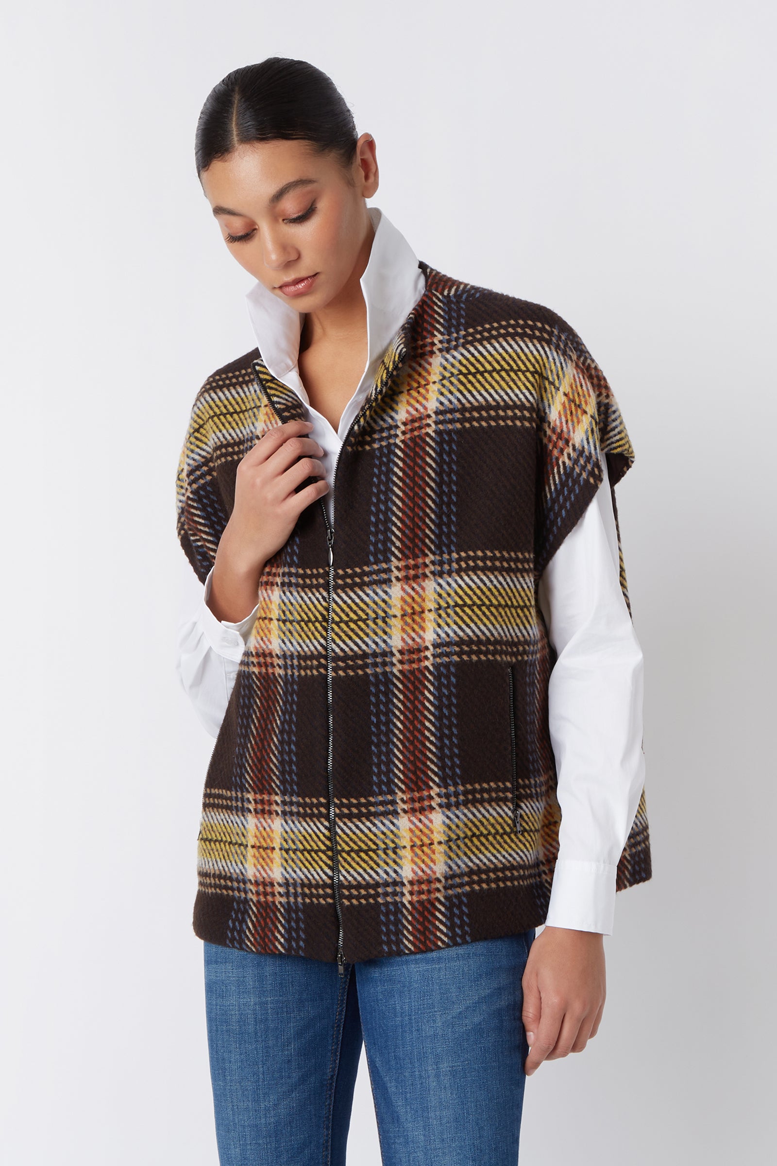Kal Rieman Mina Zip Vest in Bold Plaid on Model Looking Down Cropped Front View