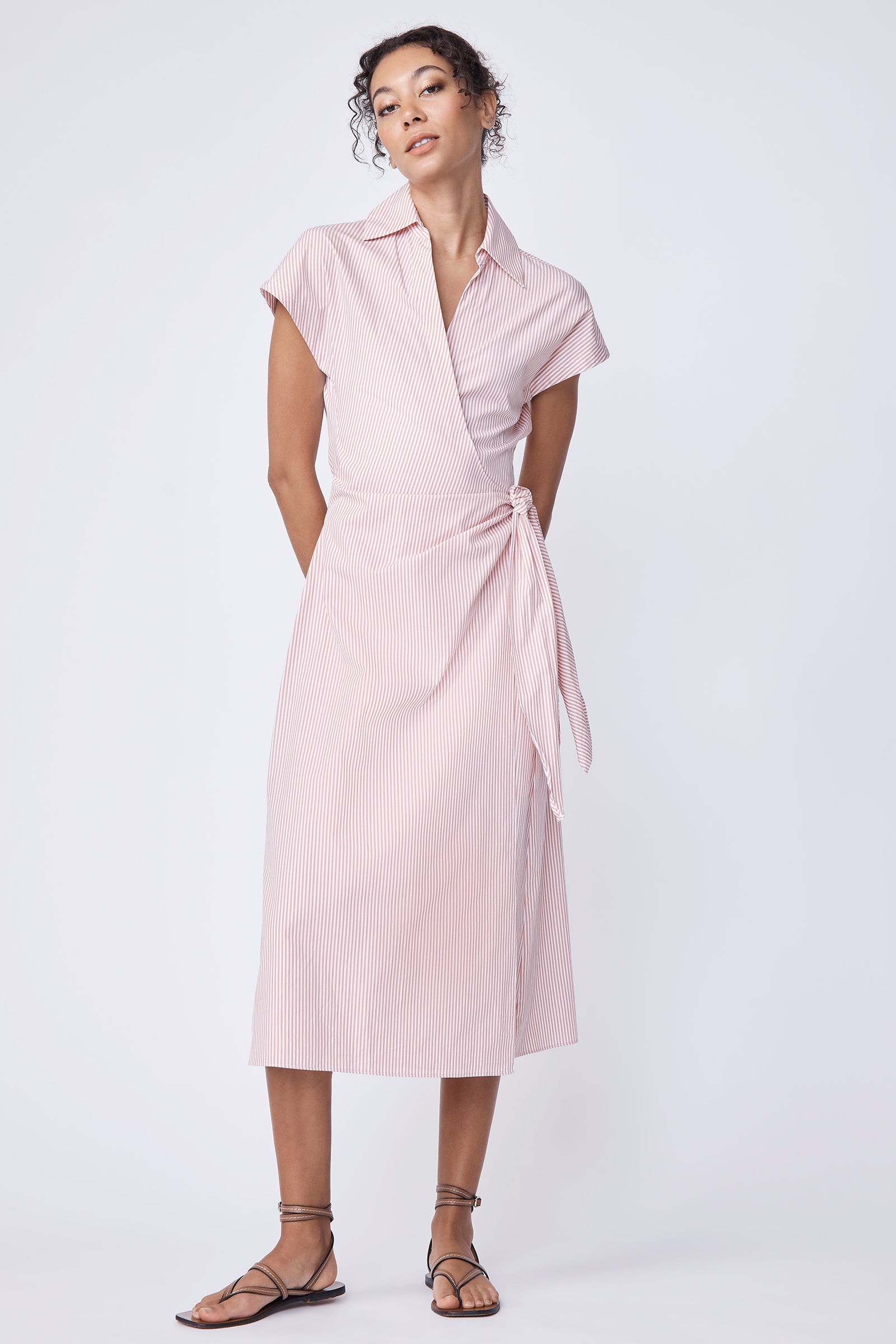 cotton wrap dress Paige Wrap Dress With V-Neck Shape in Peach Stripe XL / Peach Stripe