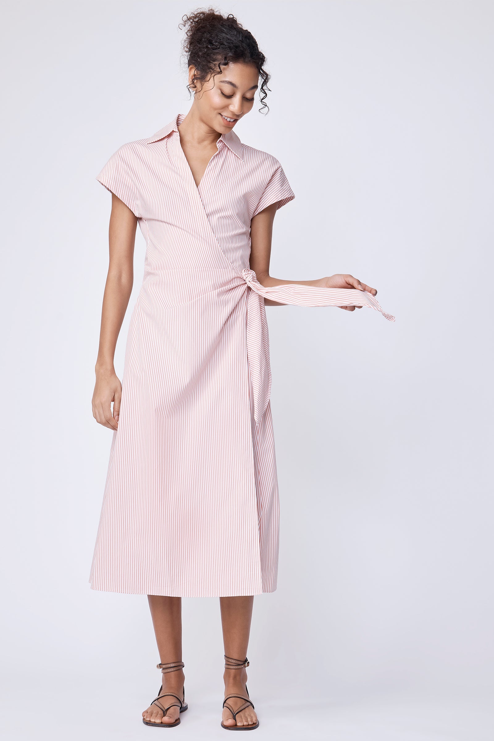 cotton wrap dress Paige Wrap Dress With V-Neck Shape in Peach Stripe XL / Peach Stripe