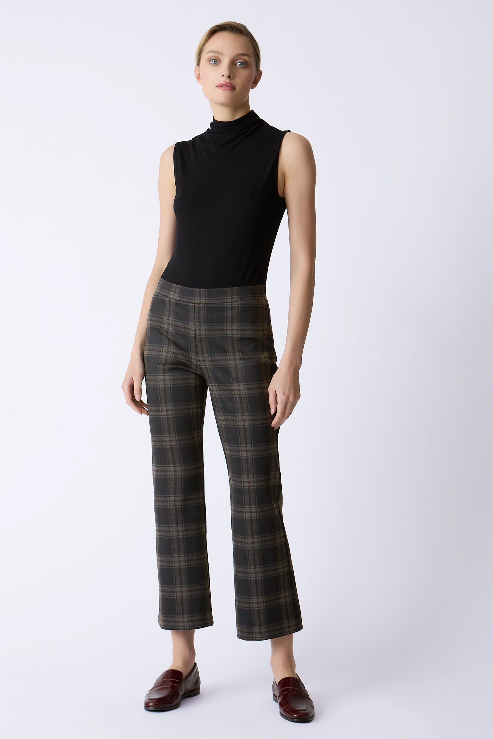 Kal Rieman Pamela Crop Flare Pants in Brown Plaid on model full front view