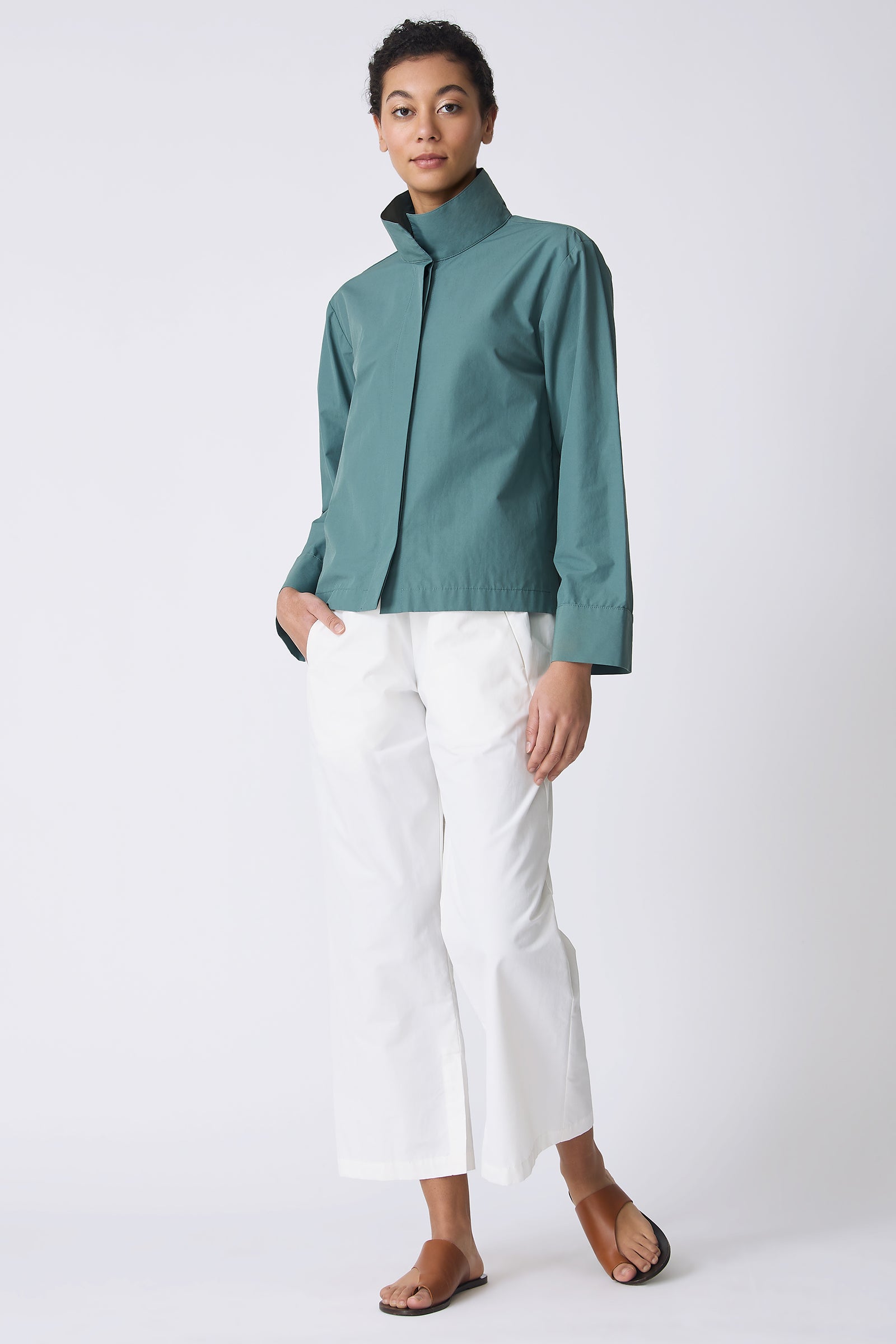 Kal Rieman Peggy Collared Shirt in Sage on model with hand in pocket full front view