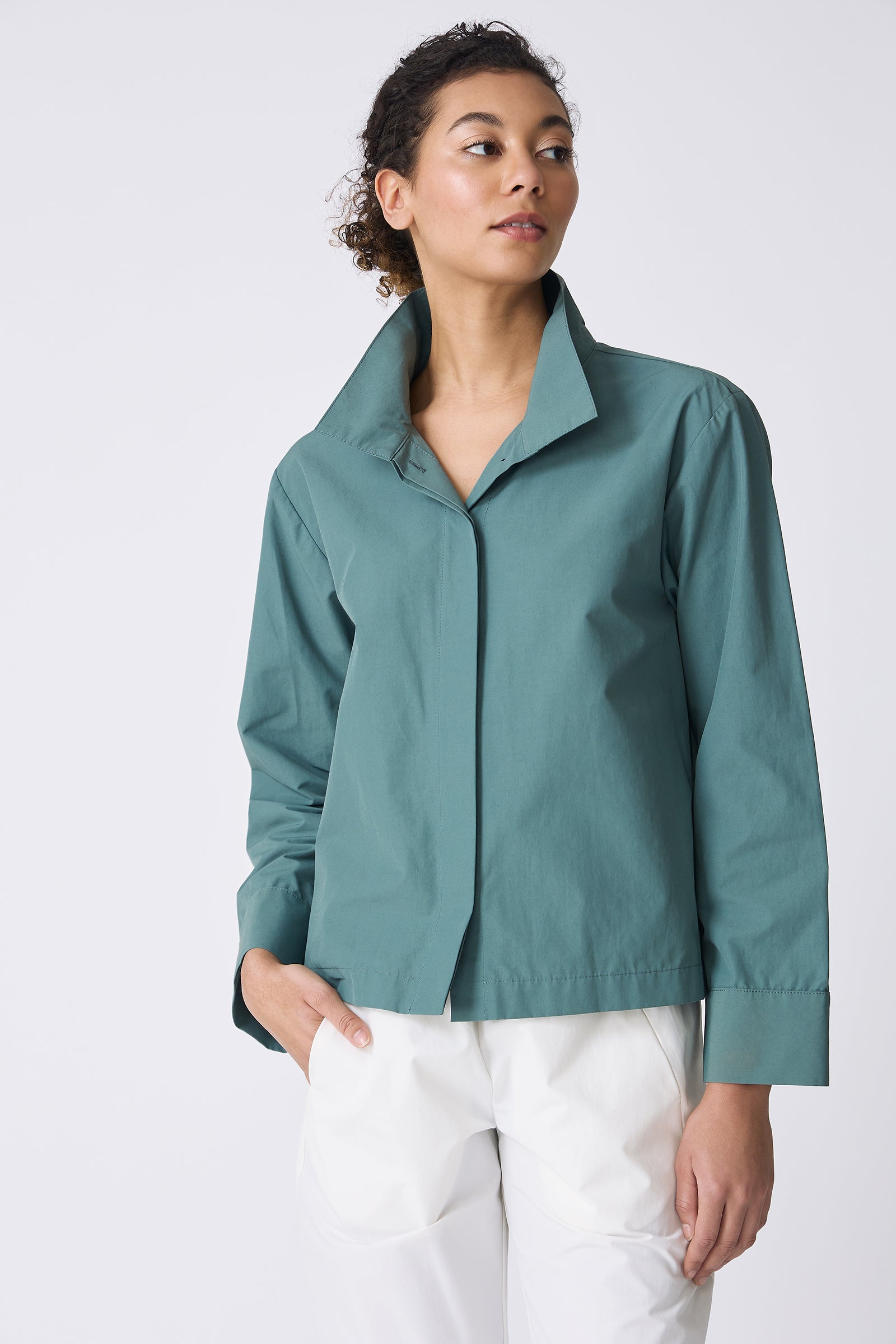 Kal Rieman Peggy Collared Shirt in Sage on model looking left front view