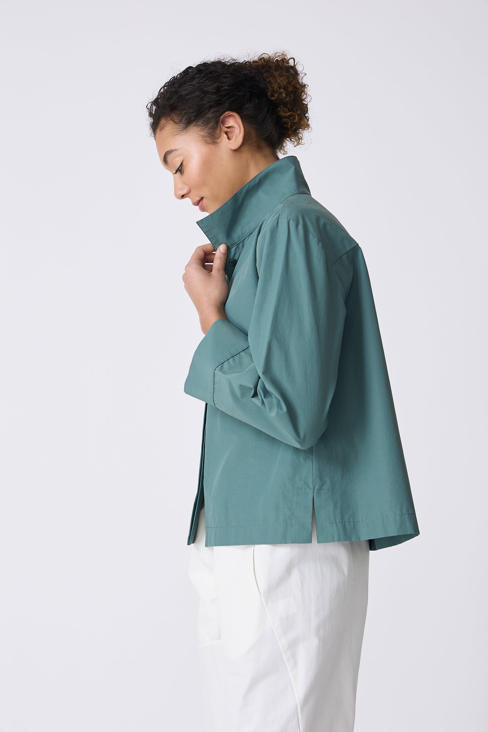 Kal Rieman Peggy Collared Shirt in Sage on model side view