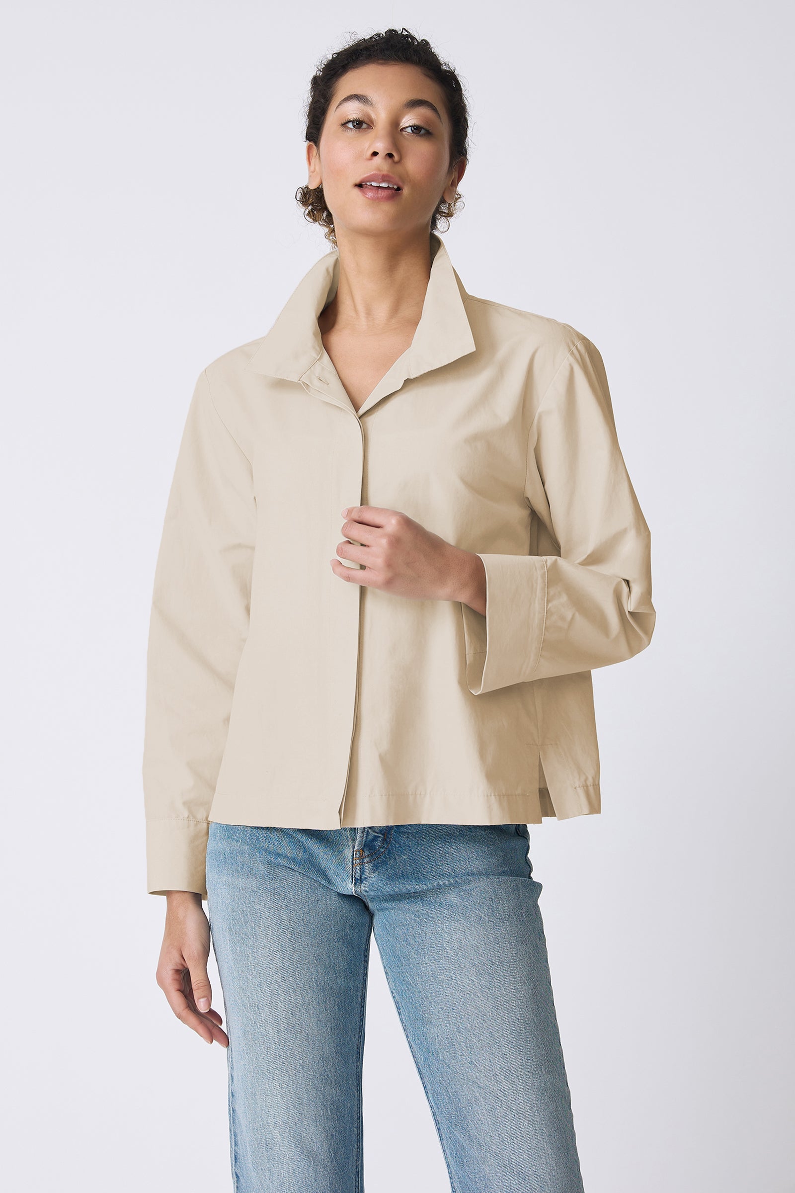 Kal Rieman Peggy Collared Jacket in Sand on Model front view detail