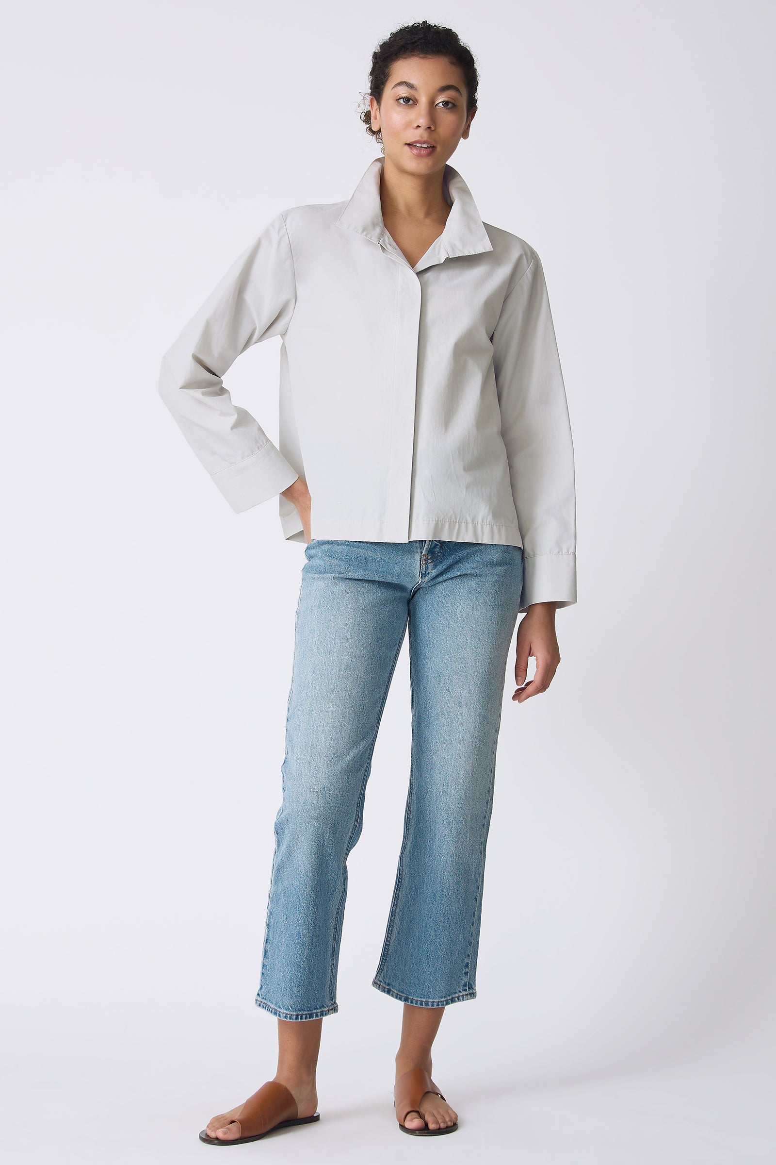 Kal Rieman Peggy Collared Shirt in Stone on model with hand on hip full front view