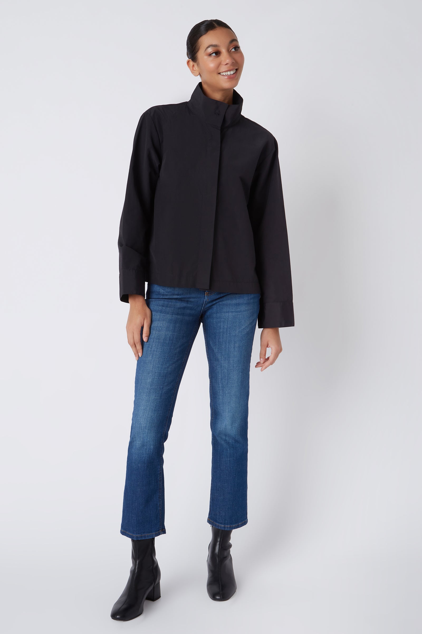 Kal Rieman Peggy Collared Shirt in Black on Model Smiling Full Front View