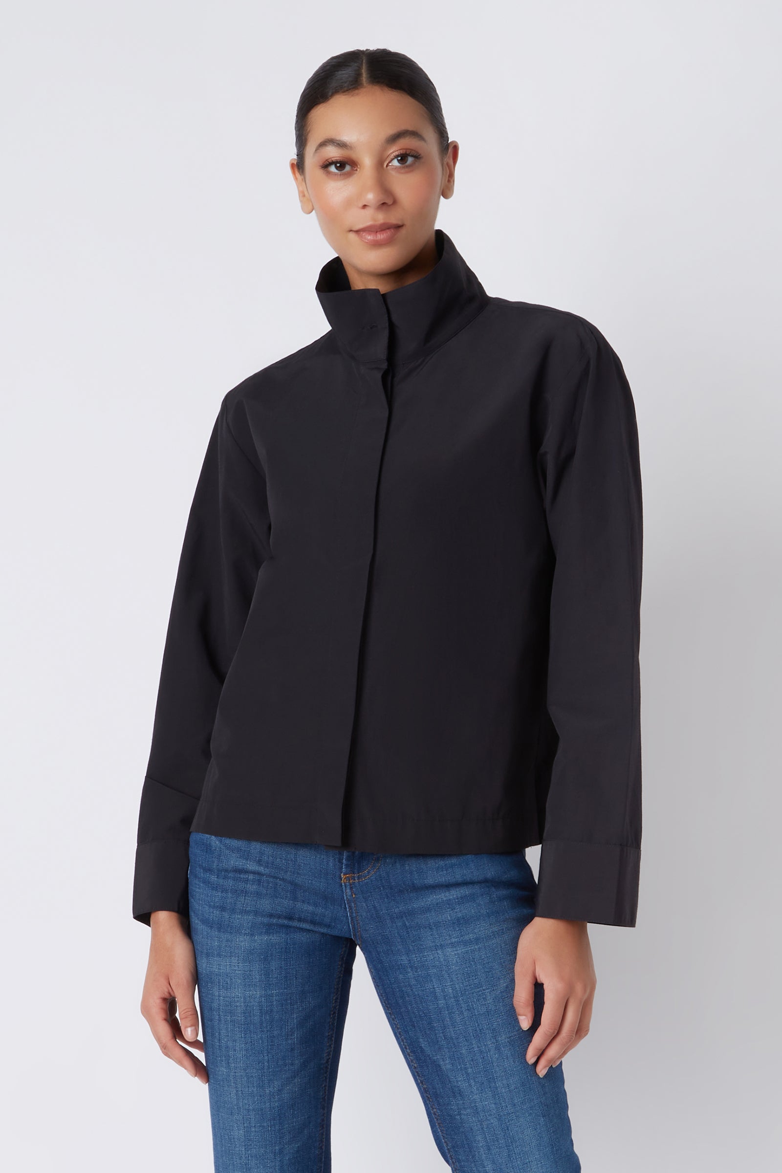 Kal Rieman Peggy Collared Shirt in Black on Model Cropped Front View