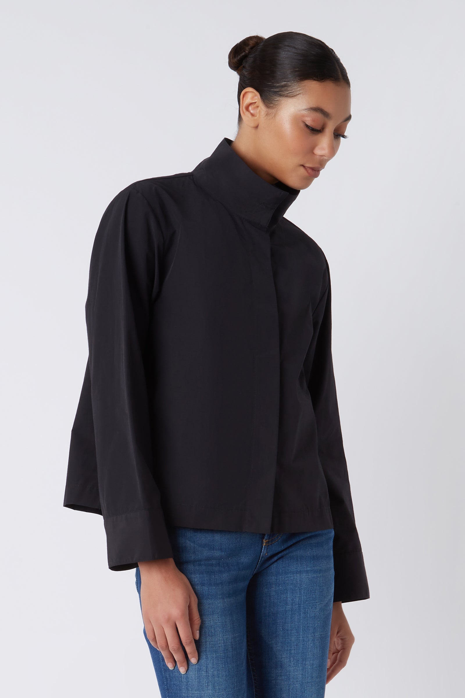 Kal Rieman Peggy Collared Shirt in Black on Model Looking Down Cropped Front View