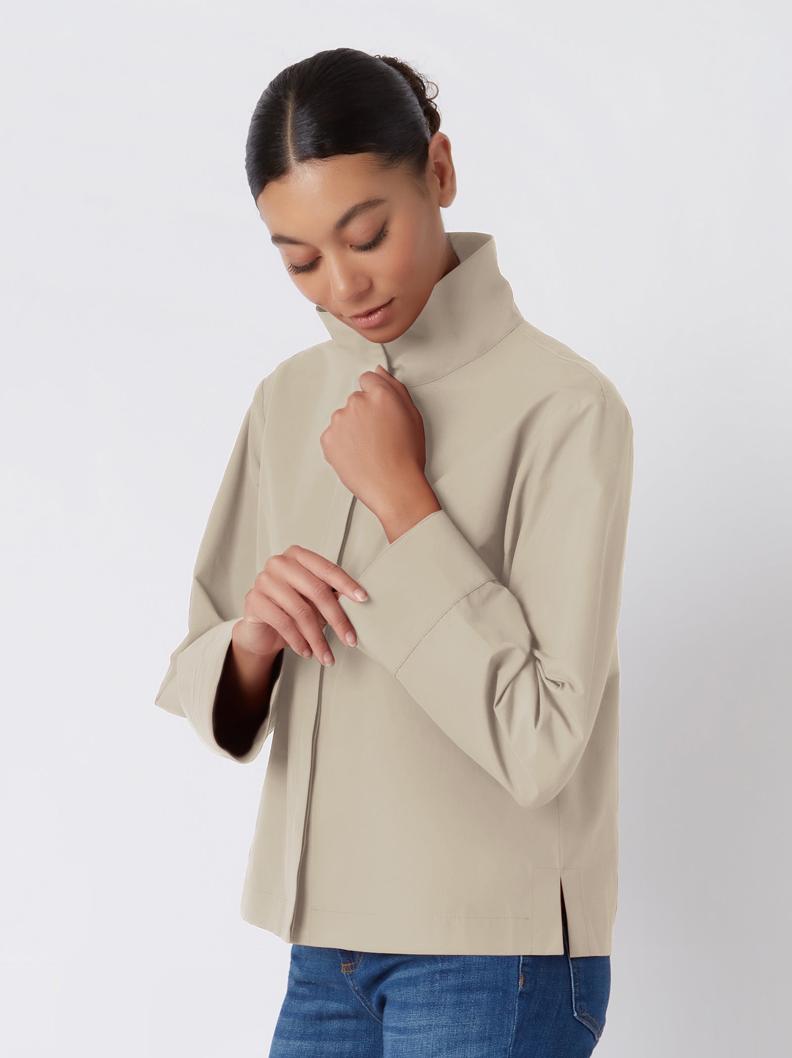 Kal Rieman Peggy Collared Shirt in Classic Khaki Broadcloth on Model Looking Down Cropped Front View