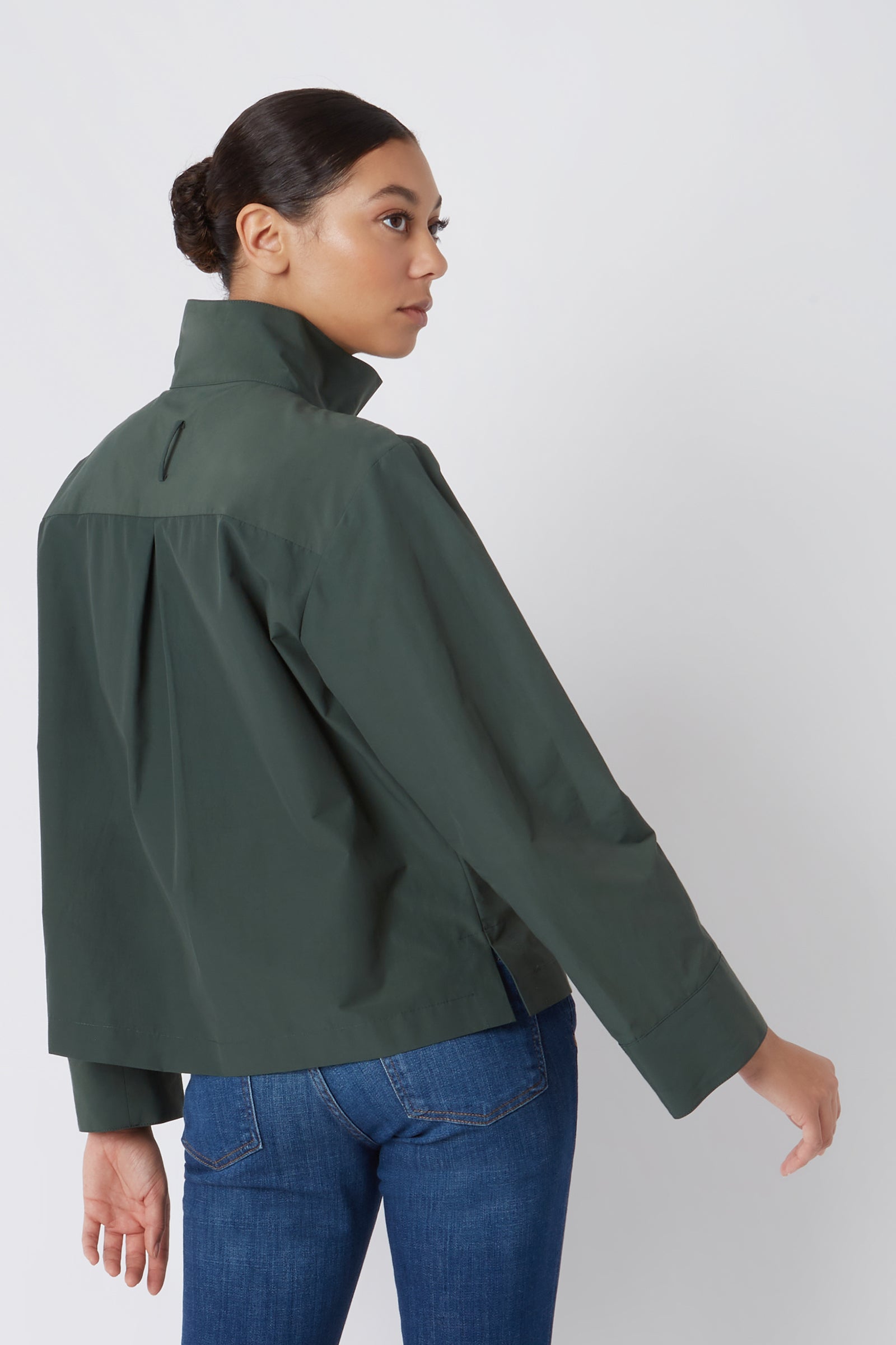Kal Rieman Peggy Collared Shirt in Loden Broadcloth on Model Cropped Back View