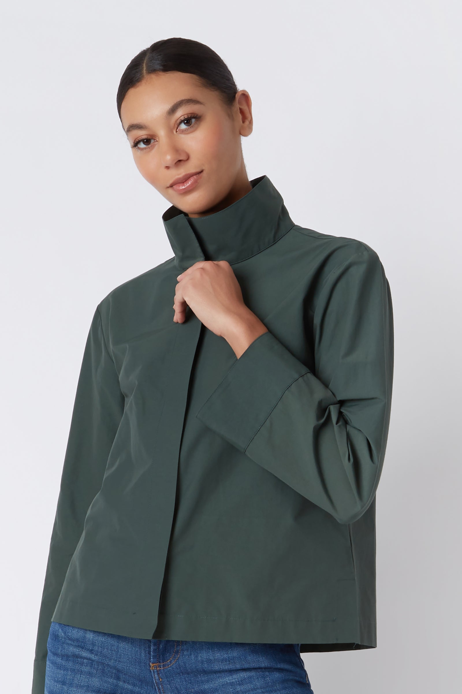 Kal Rieman Peggy Collared Shirt in Loden Broadcloth on Model Main Cropped Front View