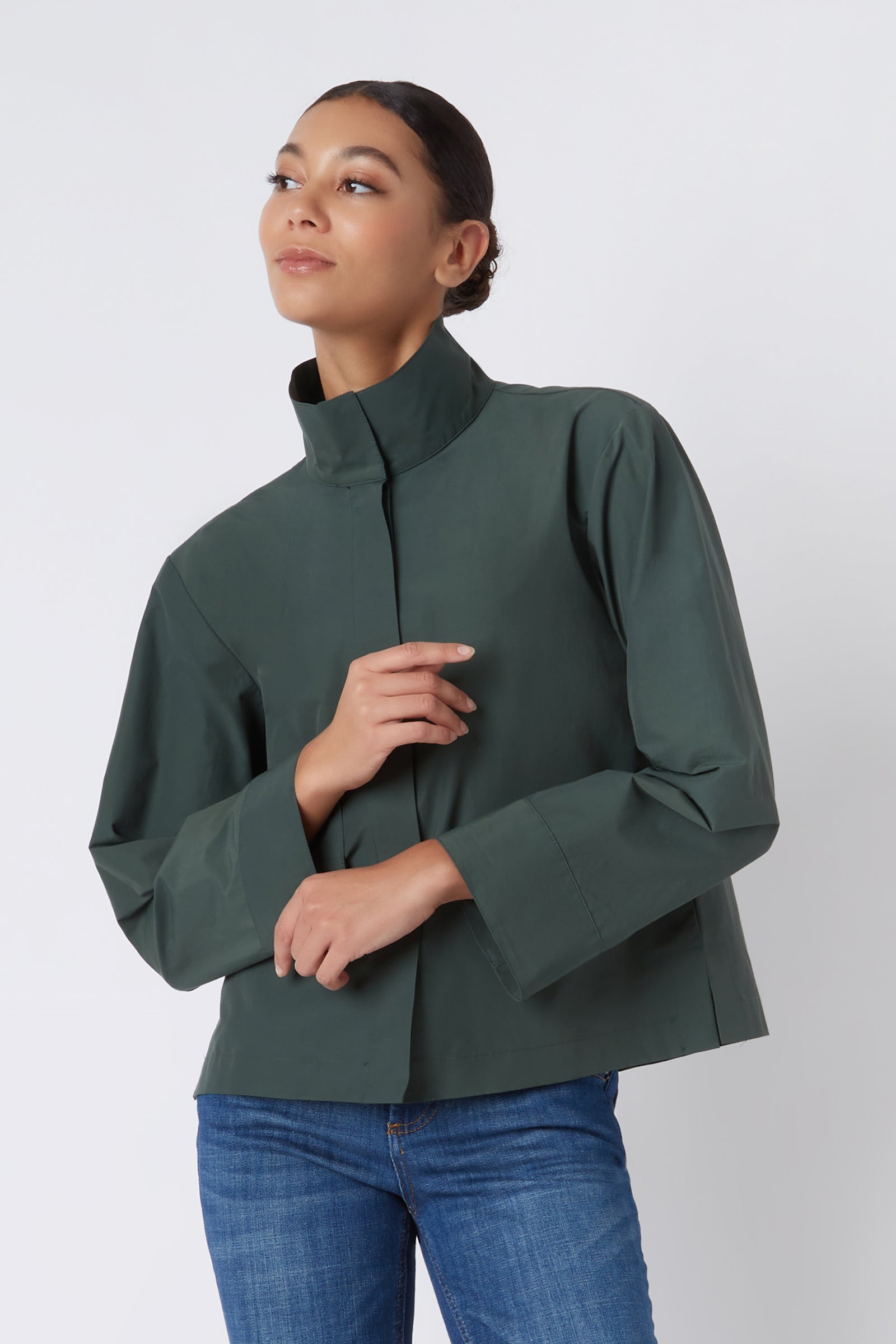 Kal Rieman Peggy Collared Shirt in Loden Broadcloth on Model Looking Right Cropped Front View