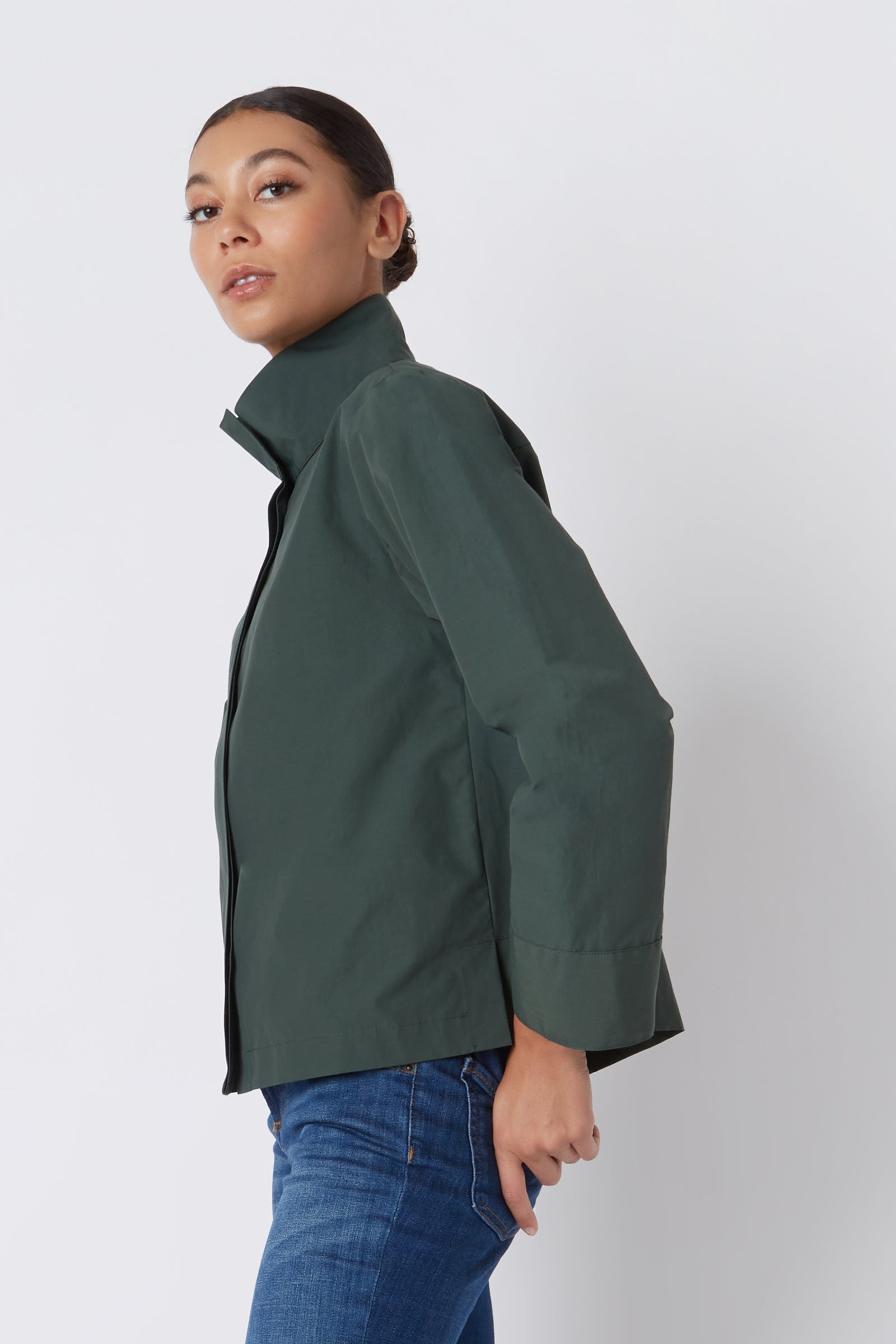 Kal Rieman Peggy Collared Shirt in Loden Broadcloth on Model Cropped Side View