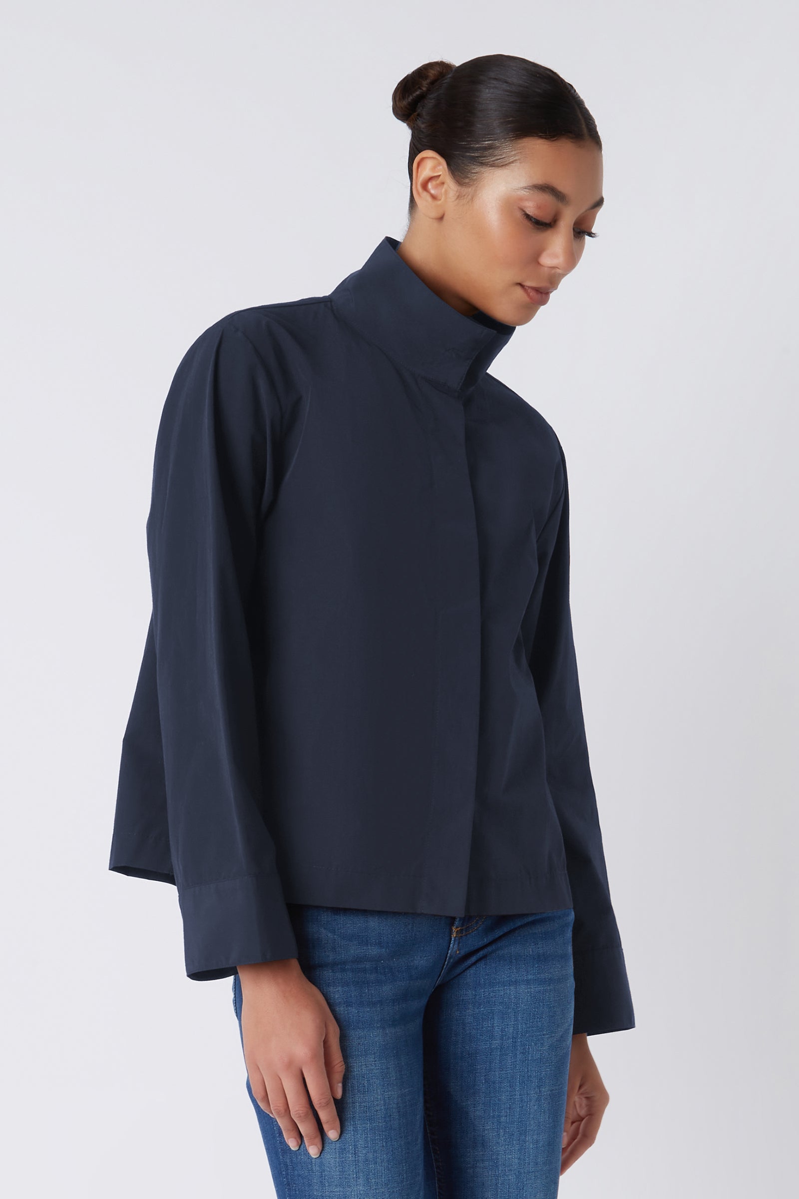 Kal Rieman Peggy Collared Shirt in Navy Broadcloth on Model Looking Down Cropped Front View